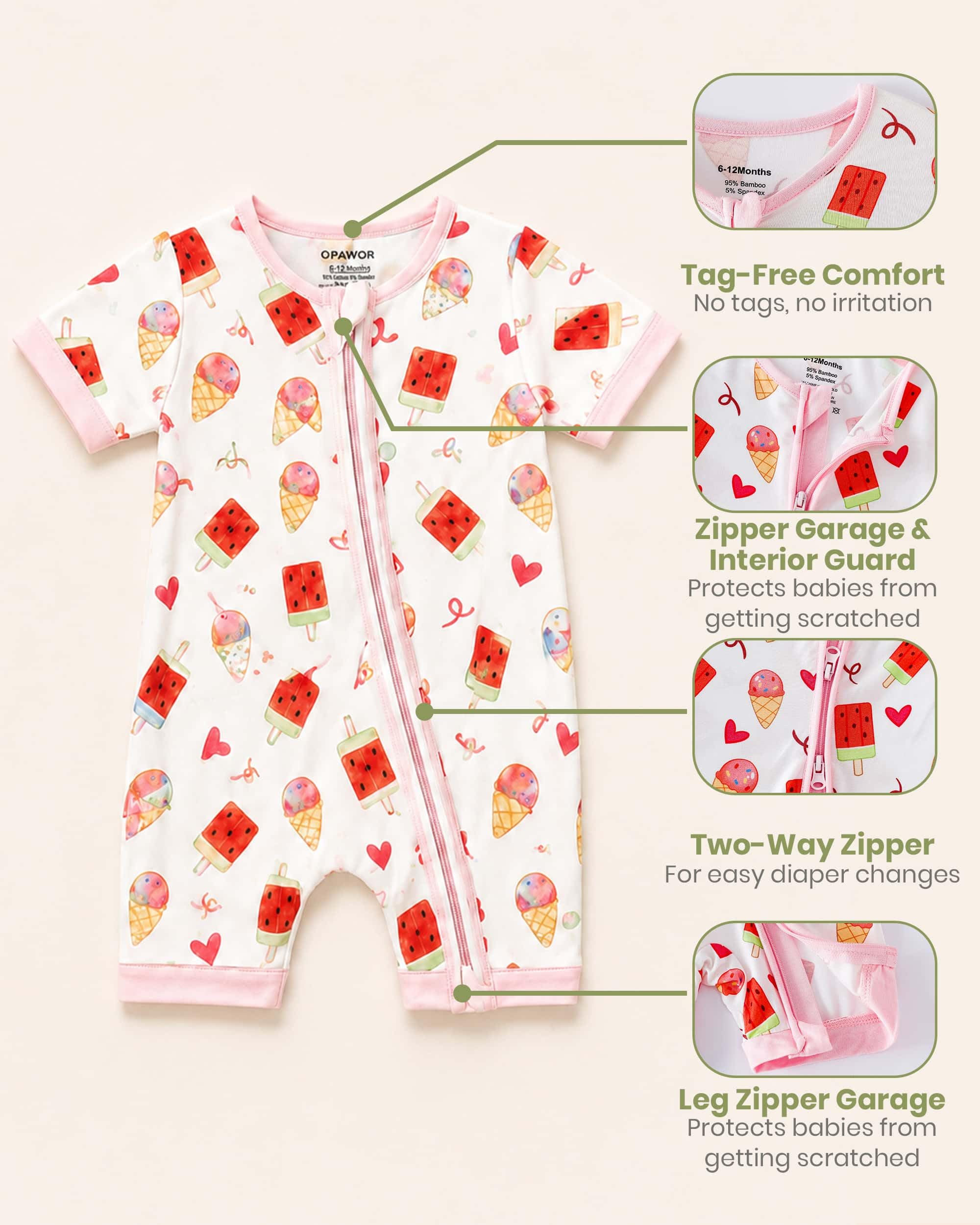 OPAWO Bamboo Baby Pajamas 3 Pack, Double Zipper Bamboo Sleepers for Baby Boy Girl Romper, Toddler Summer Clothes Outfit 0-24M WEBE CLOTHING