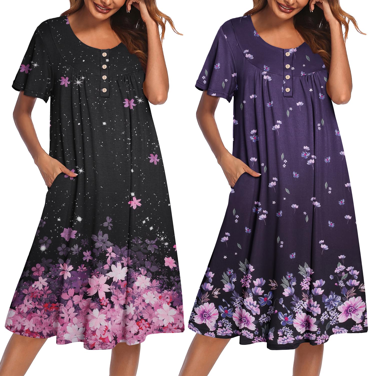Ekouaer 2 Pack House Dresses for Women with Pockets Short Sleeve Moo Moos | Ruffle Sleeve Mumu Dress, Soft Button Front Nightgown, Two Side Pockets, Comfy Sleepwear, Perfect for Your Mom, Grandma, Gift WEBE CLOTHING