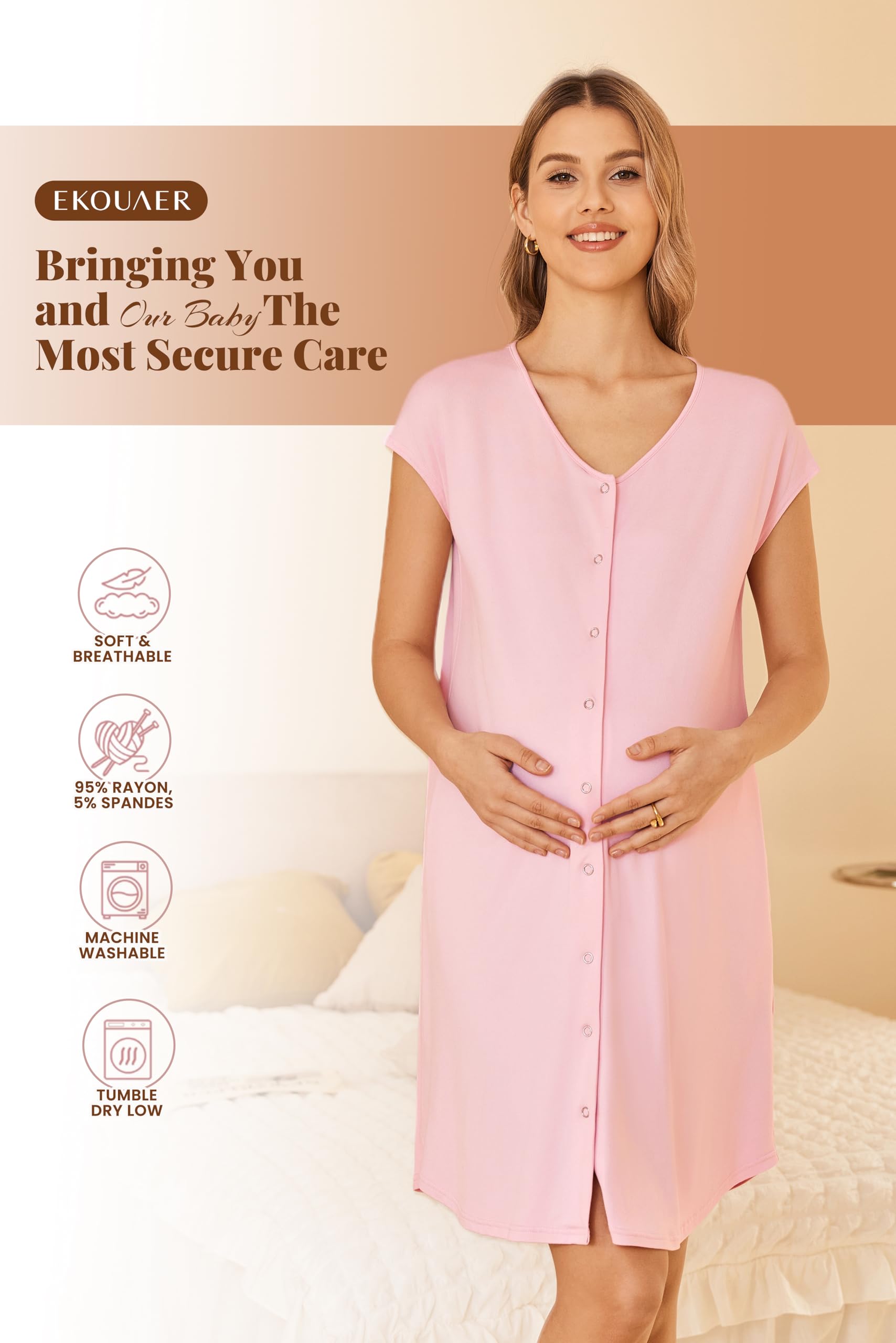 Ekouaer Labor and Delivery Gown for Hospital Birthing Gown Nursing Dress | Open Back Birthing Gown, Maternity Nursing Pajamas Dress Breastfeeding, Button C Section Postpartum Clothes