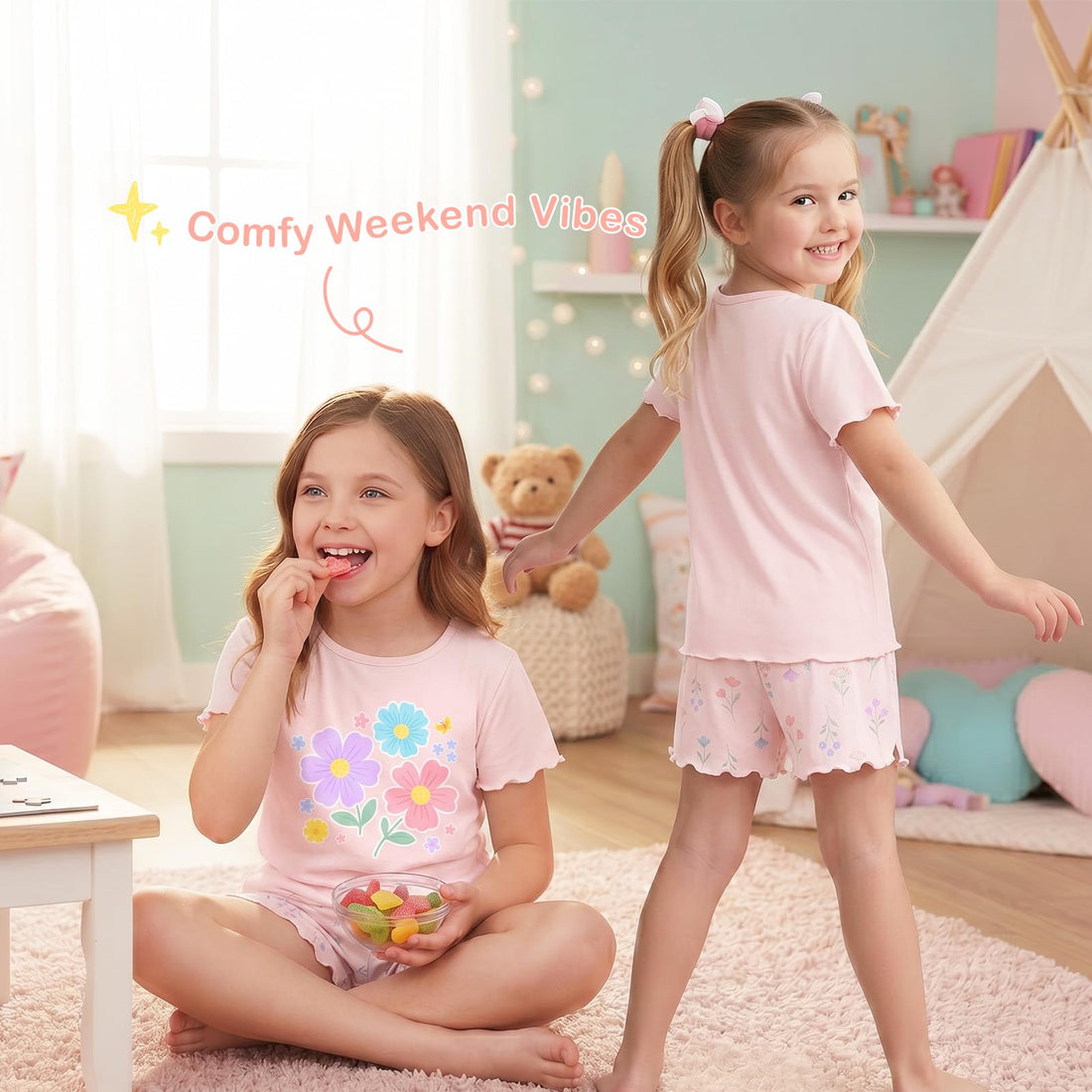 Play Tailor Girls Pajamas for Toddler Ruffled Kids Pajamas Set Short Sleeves Summer Pjs Sleepwear for Girl