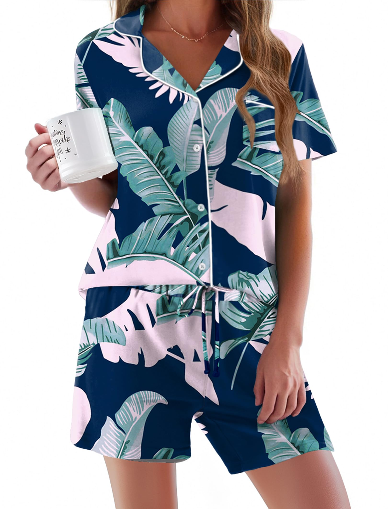 Ekouaer Pajamas Set for Women Short Sleeve Sleepwear Button Down Pjs Soft 2 Piece Lounge Sets XS-XXXL