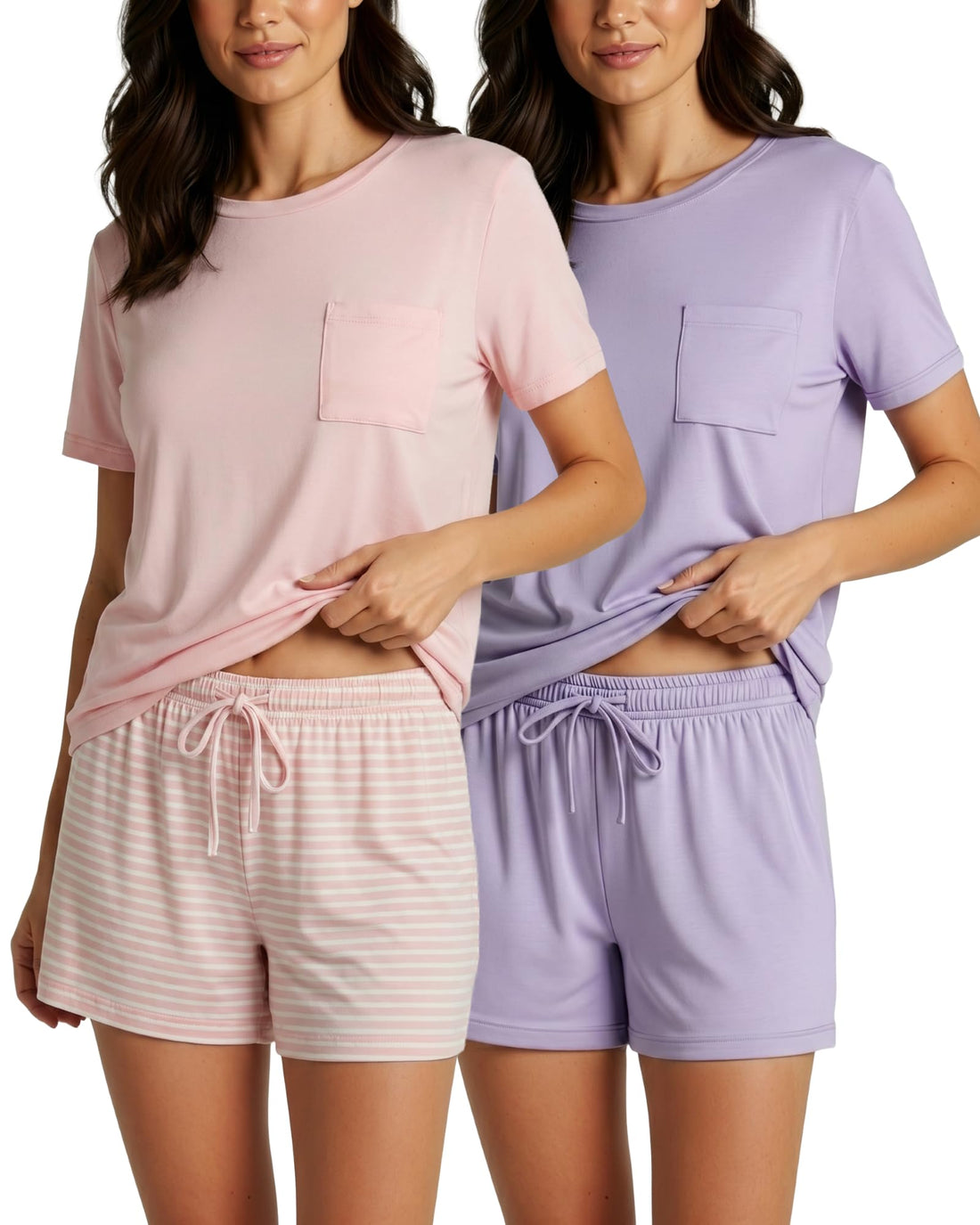 Real Essentials 2 Pack: Women’s Short Sleeve Pajama Short Set - Comfy Lightweight Soft Lounge Sleepwear (Plus