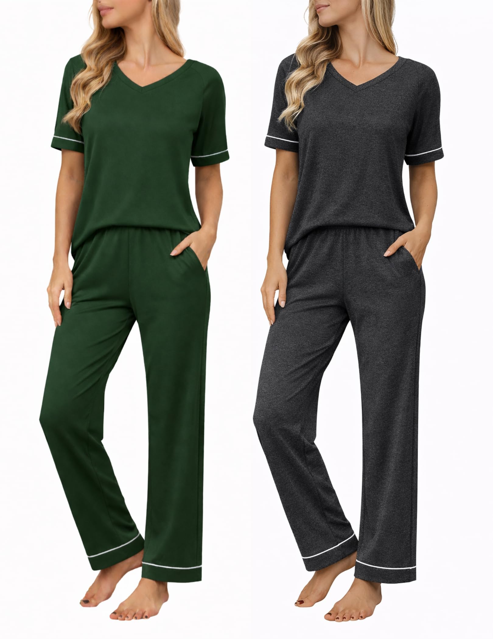 Ekouaer Womens Pajama Set Short Sleeve Pajamas Top and Pants V Neck Pjs Set Soft Loungewear with Pockets