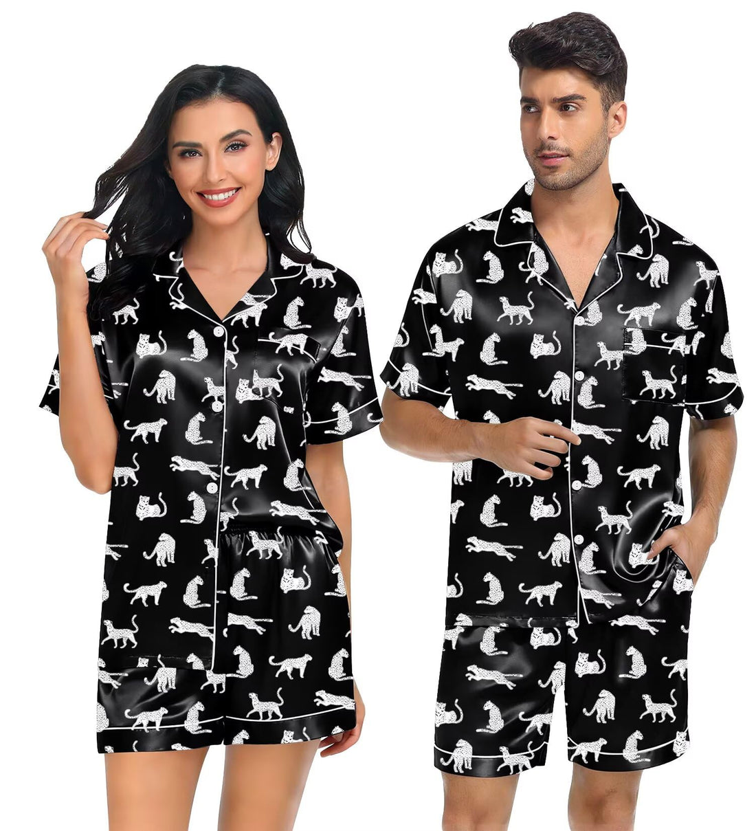 SWOMOG Satin Matching Pajamas Sets Couple Silk Button Down Nightwear Women & Men Short Sleeve Sleepwear 2 Pieces Loungewear