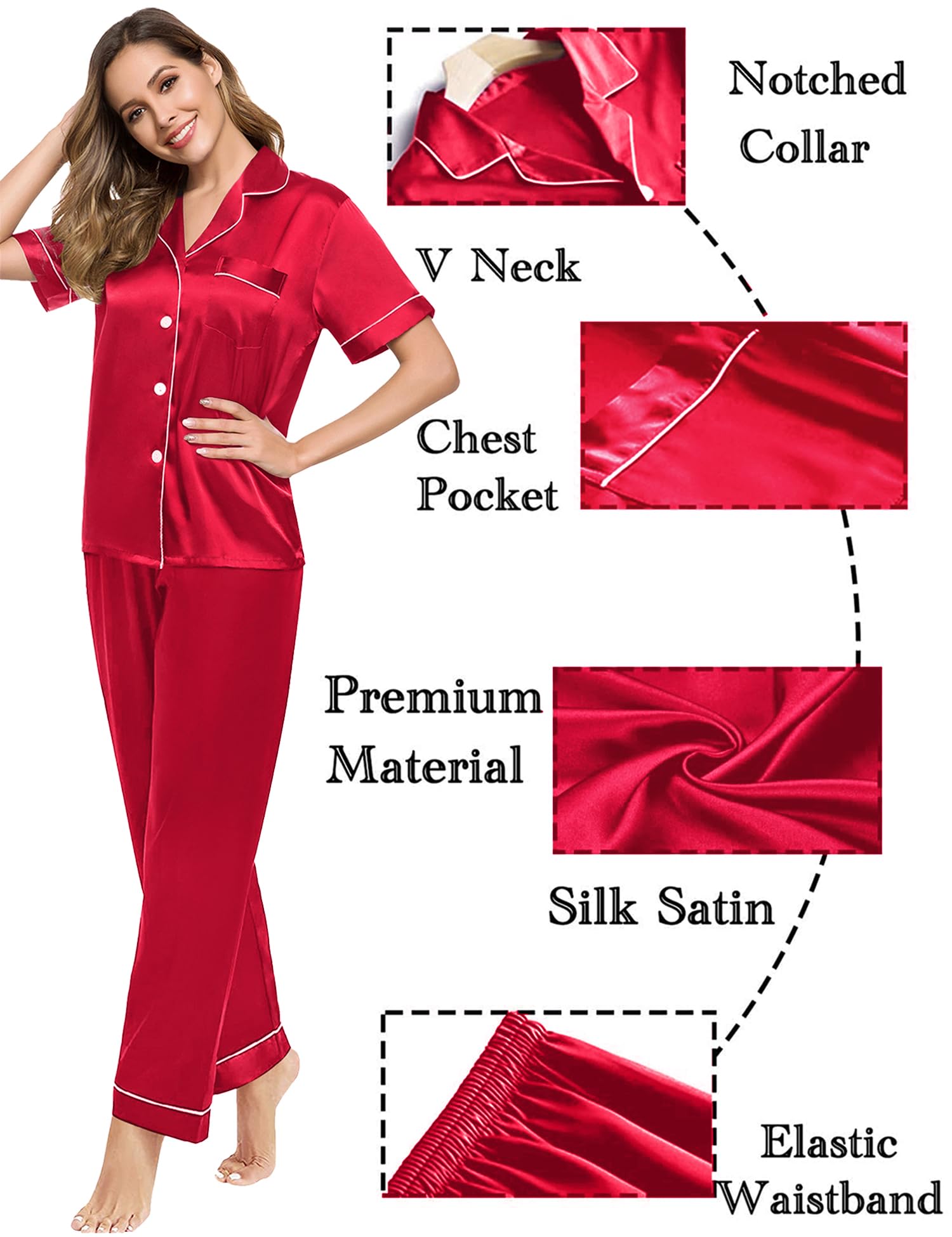 SWOMOG Couples Pajamas Sets Women & Men Satin Short Sleeve Sleepwear Button Down Loungewear Pjs Set with Long Pants