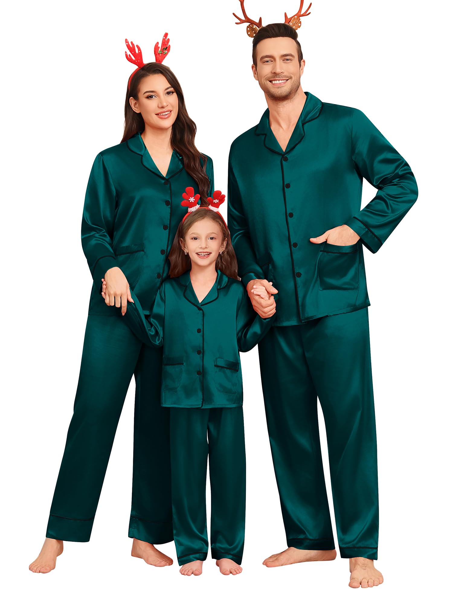 SWOMOG Matching Family Pajamas Set Women & Men & Kids Silk Satin Pjs 2 Pcs Long Sleeve Button Down Sleepwear with 2 Pockets