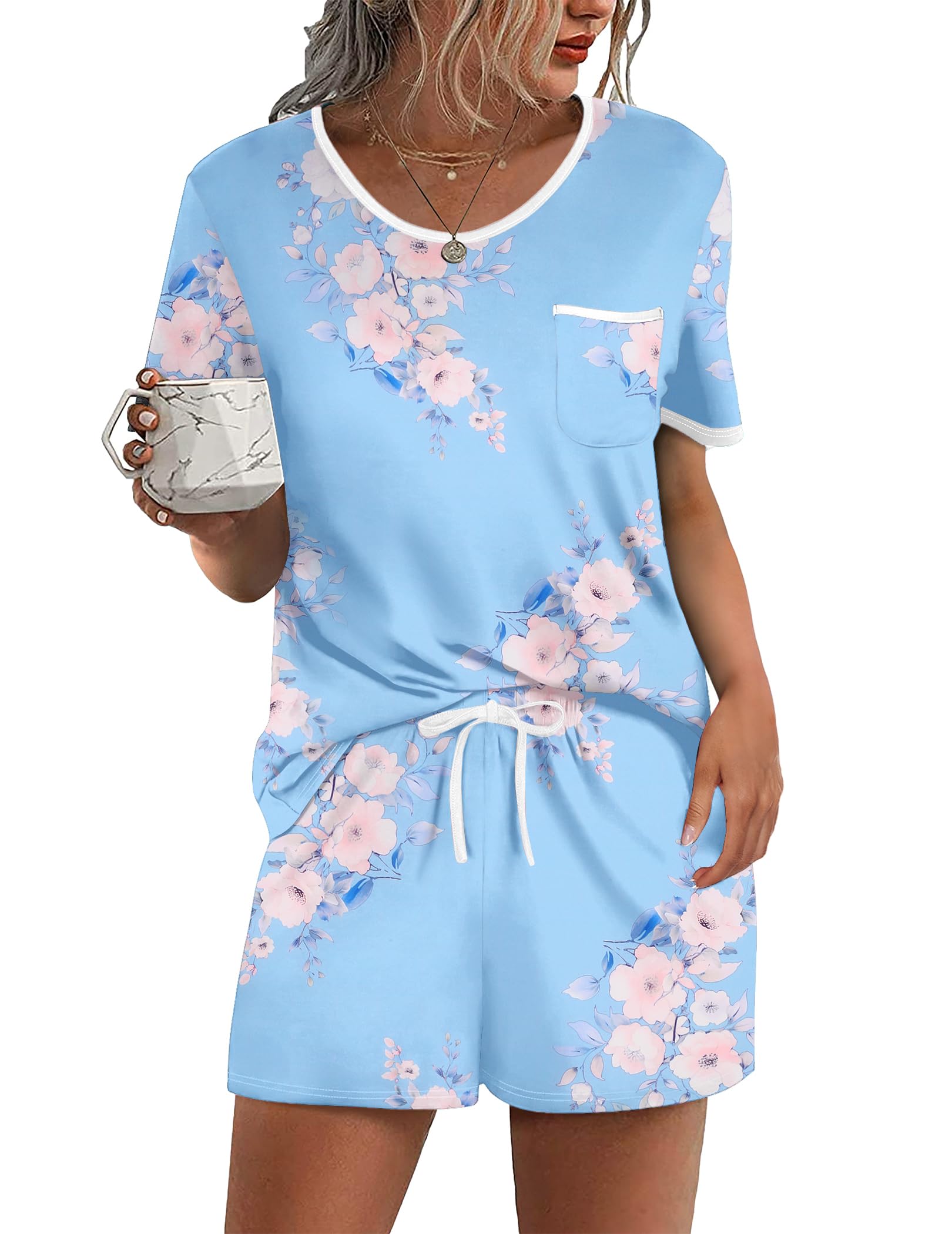 Ekouaer Pajama Set for Women 2 Piece Lounge Set Short Sleeve Tops and Shorts Soft Sleepwear, Chest Pocket