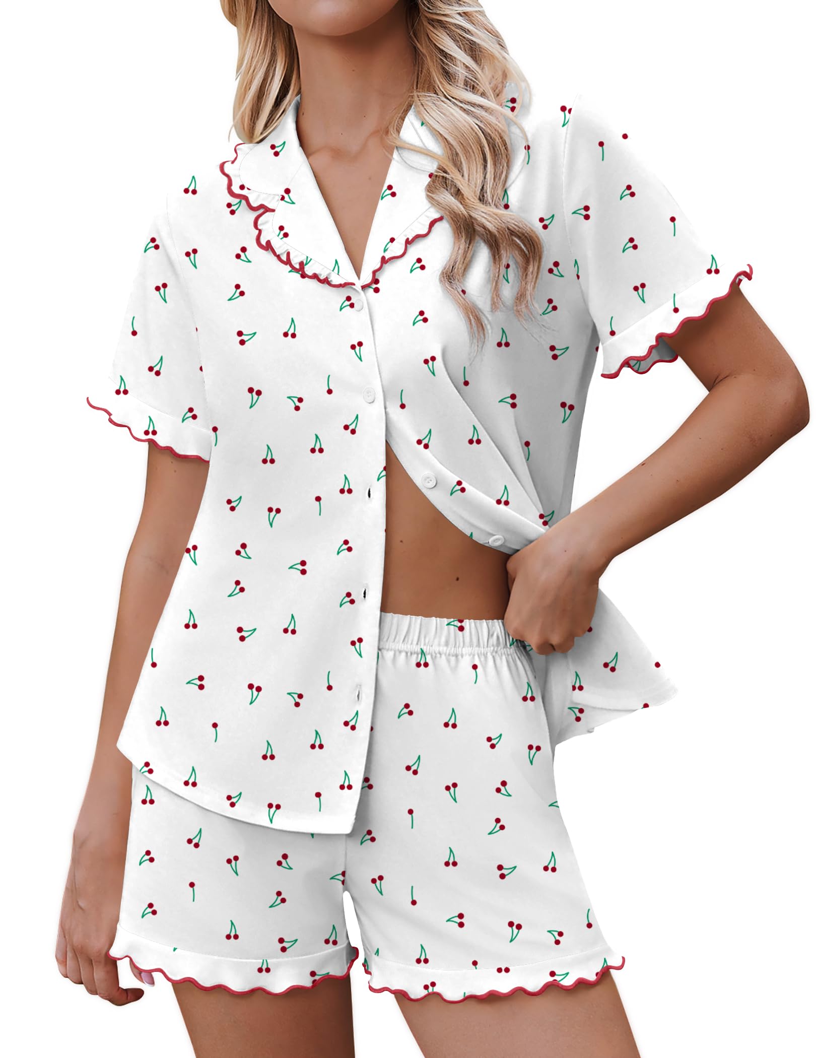 Ekouaer Pajamas for Women Sets Cute Pjs Button Down 2 Piece Short Sleeve Ruffle Lounge Set Sleepwear WEBE CLOTHING
