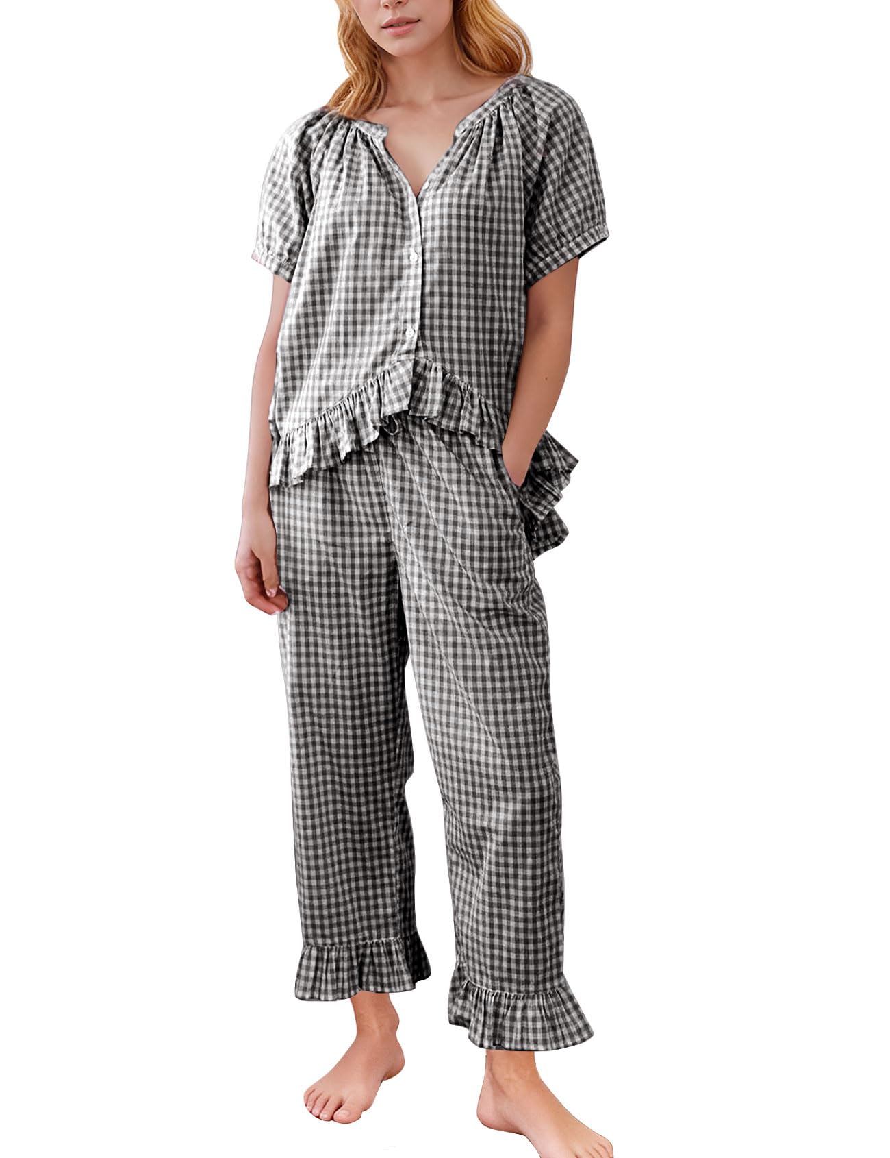 Flygo Womens Plaid 2 Piece Pajamas Sets Gingham Button Down Puff Sleeve Babydoll Shirt Ruffle Pants Y2K Pjs Lounge Set WEBE CLOTHING