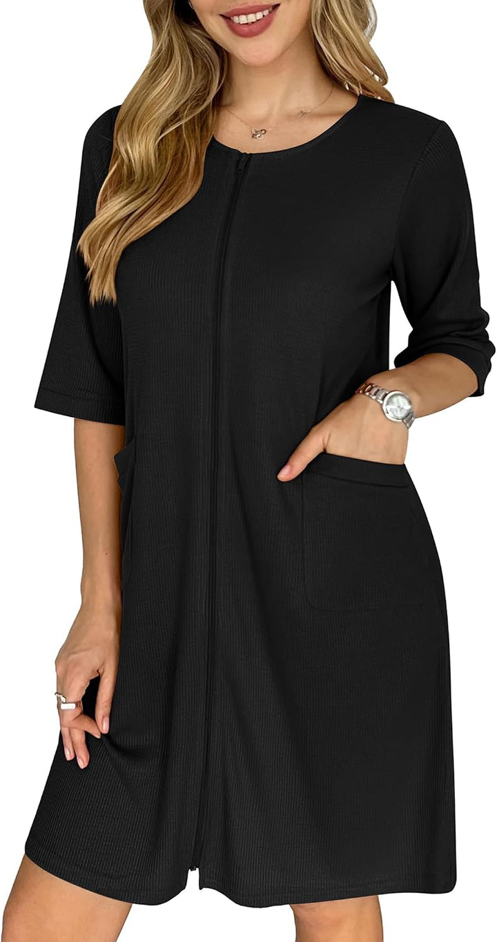 Ekouaer Zip Up Robes for Women Short Waffle Bathrobe Lightweight house coat 3/4 Sleeve Soft Nightgown with Pockets S-3XL WEBE CLOTHING