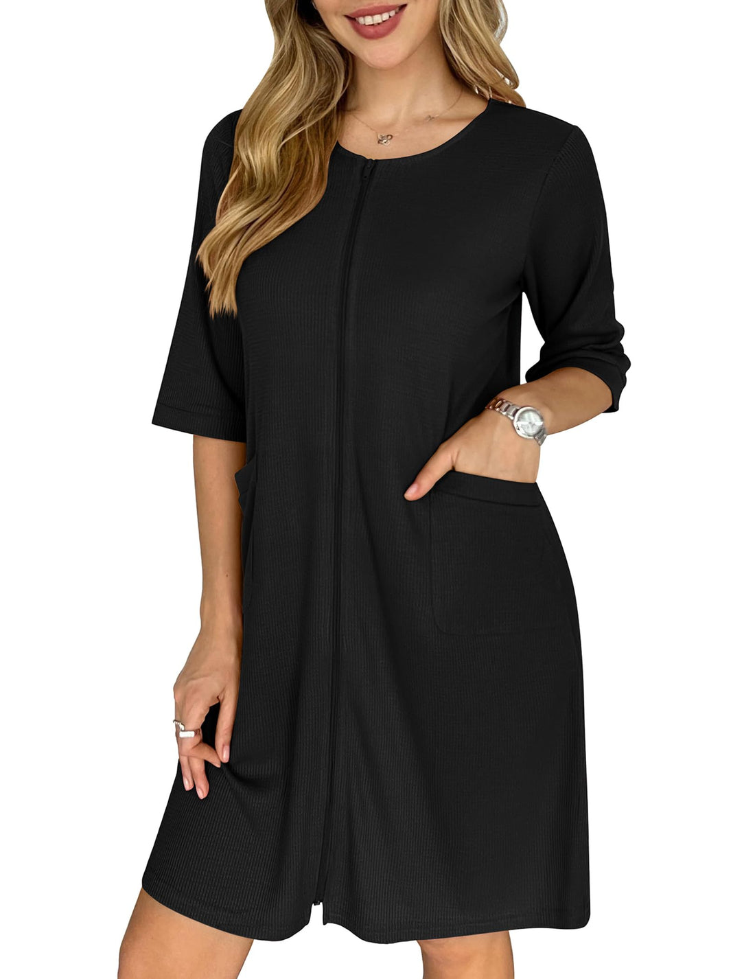 Ekouaer Zip Up Robes for Women Short Waffle Bathrobe Lightweight house coat 3/4 Sleeve Soft Nightgown with Pockets S-3XL WEBE CLOTHING