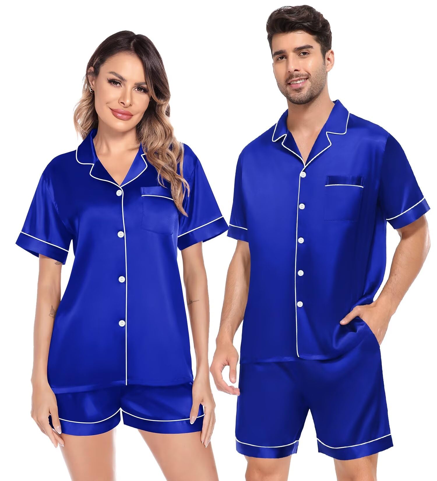 SWOMOG Satin Matching Pajamas Sets Couple Silk Button Down Nightwear Women & Men Short Sleeve Sleepwear 2 Pieces Loungewear