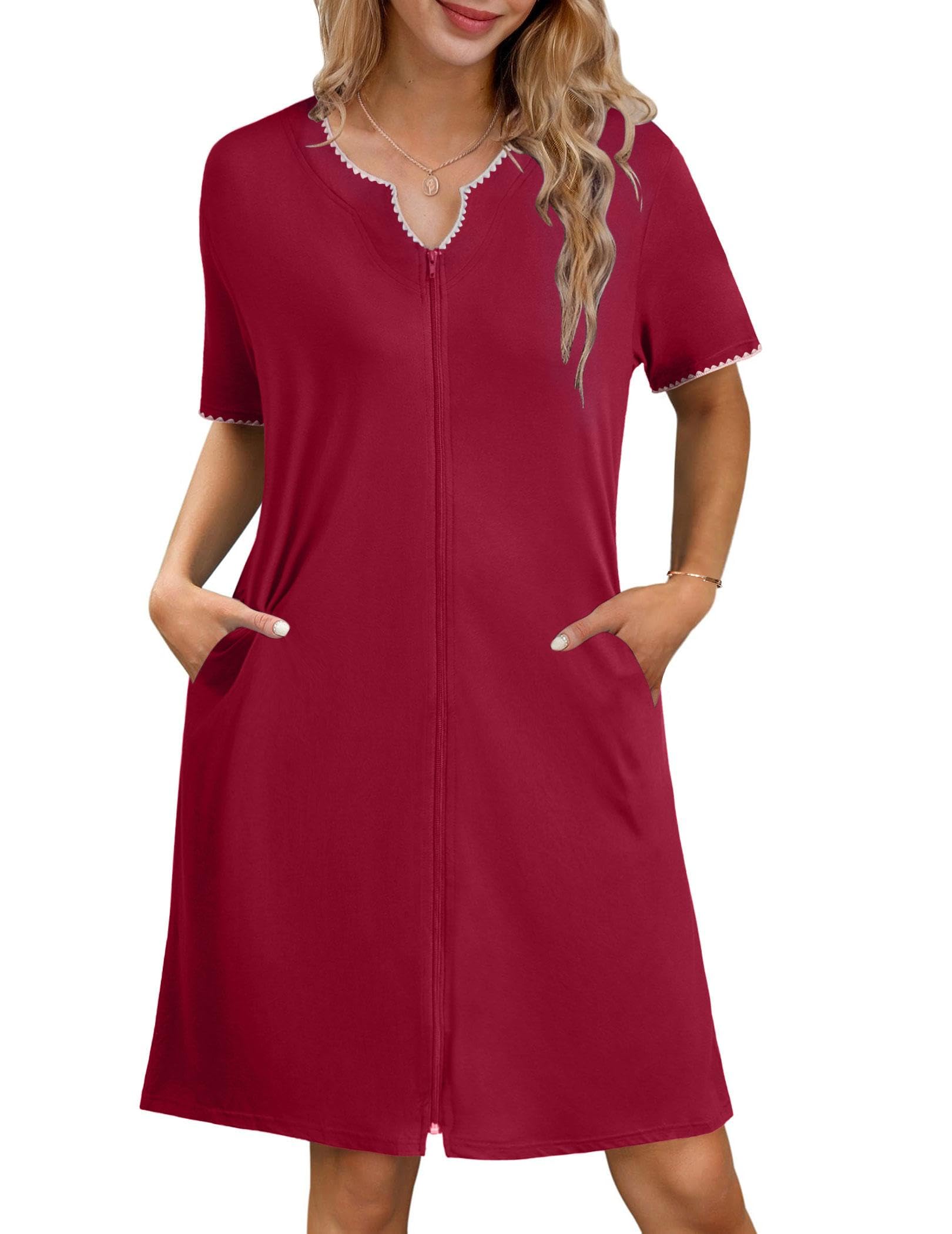 Ekouaer Zipper Robes for Women Knee Length Bathrobe Lightweight Housecoat Short Sleeve Nightgown with Pockets S-3XL WEBE CLOTHING