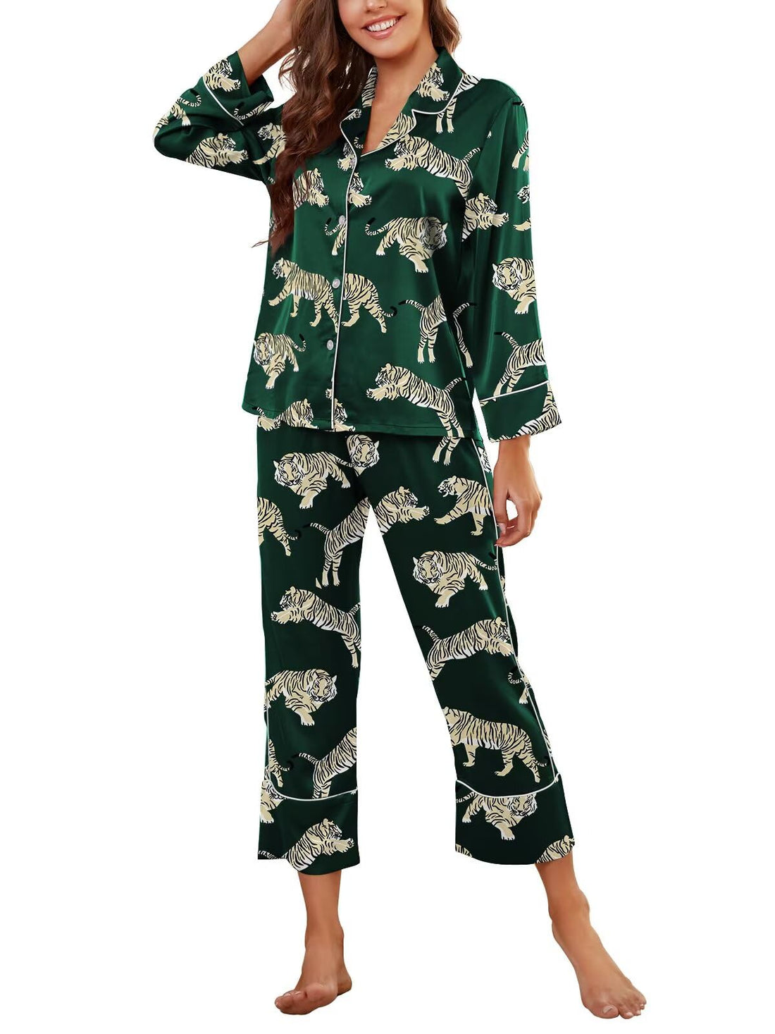 Brosloth Women's Silk Satin Pajamas Long Sleeve Button Up Loungewear Set | Button Down Animal Print Pajamas, Ladies Fancy Pajama sets, Two Piece Lounge Set, Notch Collar Lightweight Sleepwear, Gift WEBE CLOTHING