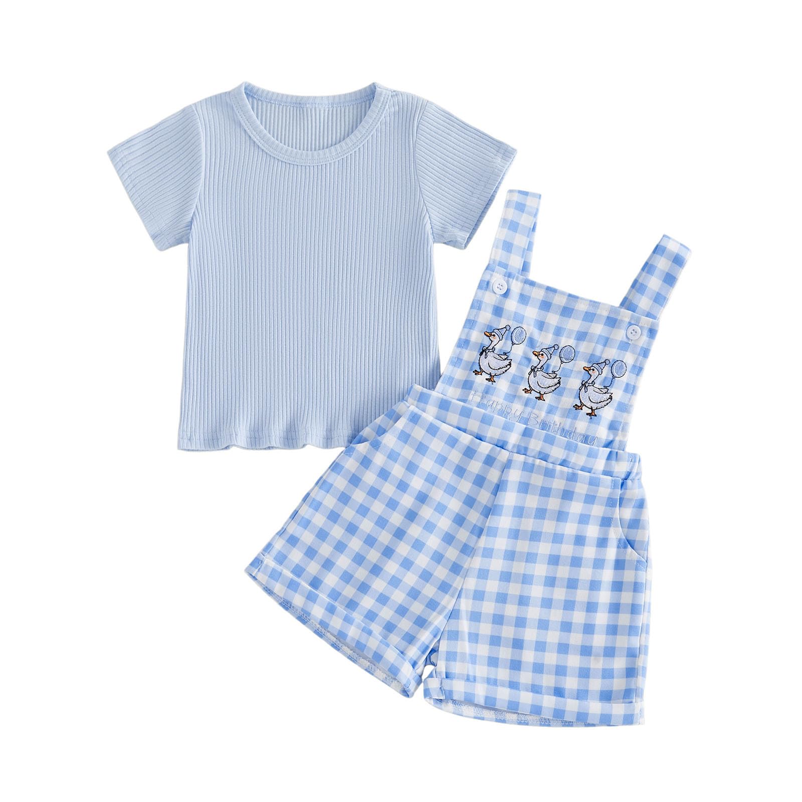 Toddler Baby Girls Summer Outfits T-Shirt Overalls Shorts Set | Short Sleeve Ribbed Shirt, Flower/Apple/Strawberry/Camo/Star/Bee Suspender Overalls, Kid 2Pcs Clothing, Spring Clothes 12M-5Y WEBE CLOTHING