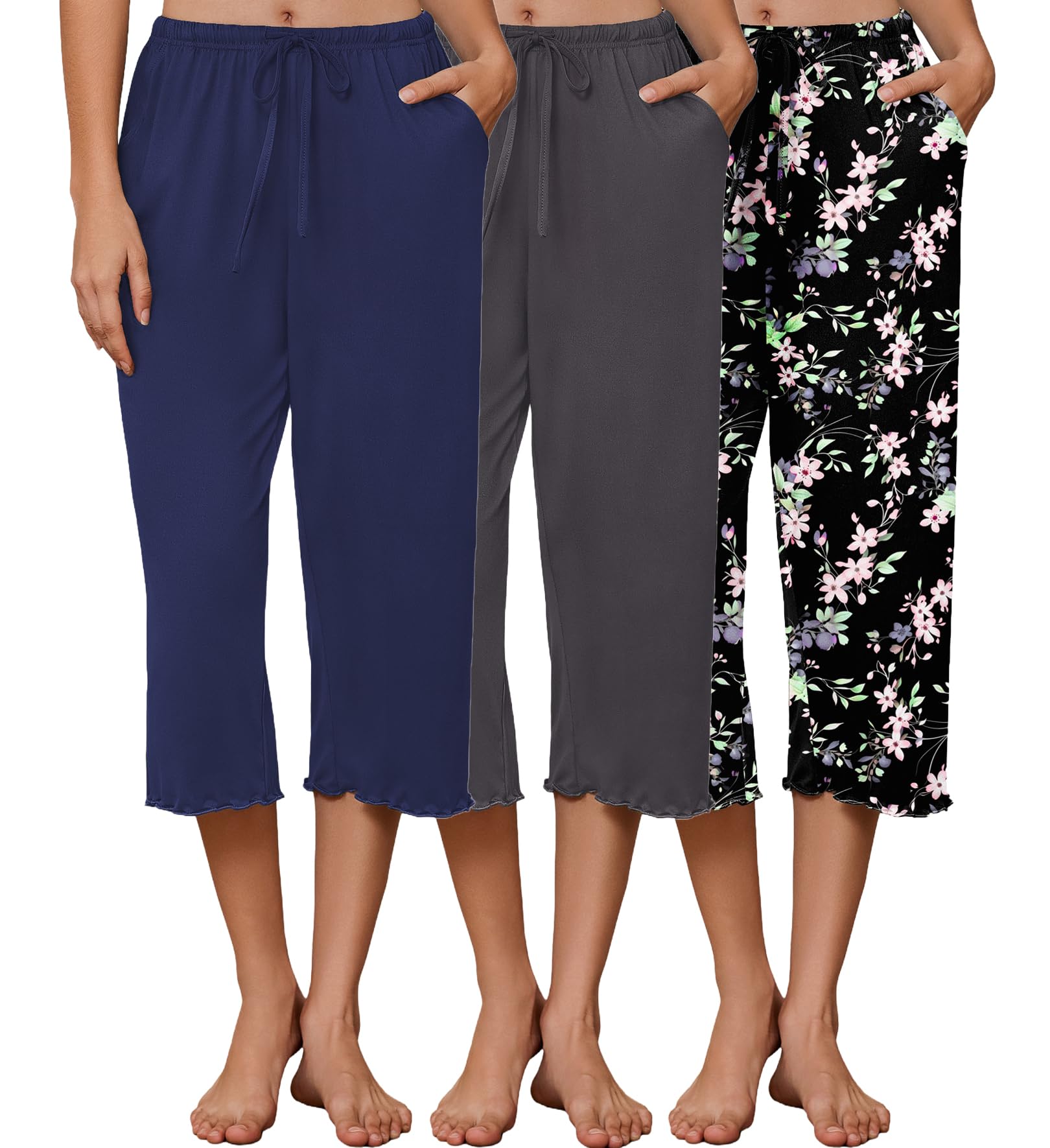 Ekouaer 3 Pack Women Capri Pajama Pants 2026 Ruffle Hem Lounge Pants Drawstring Pj Bottoms with Pockets