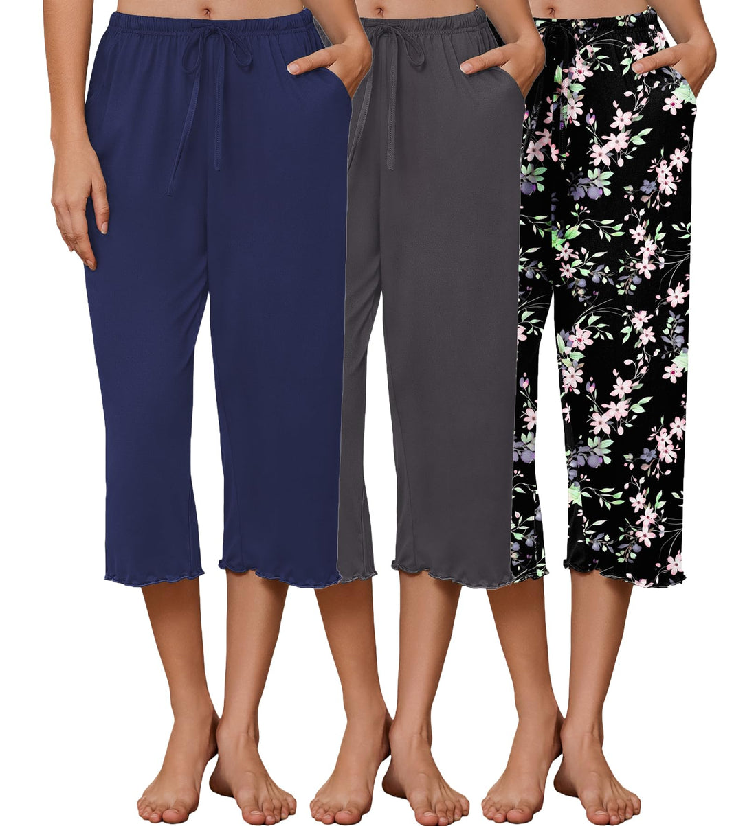 Ekouaer 3 Pack Women Capri Pajama Pants 2026 Ruffle Hem Lounge Pants Drawstring Pj Bottoms with Pockets