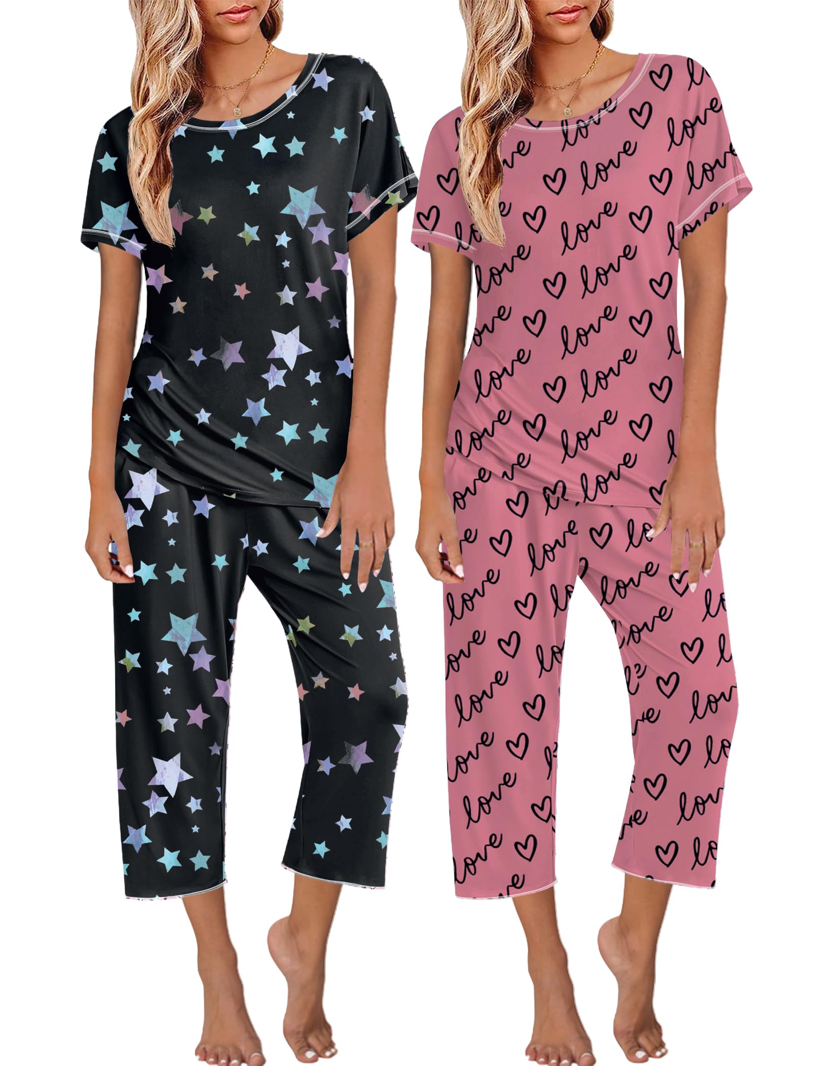 Ekouaer 2 Pack Womens Pajamas Sets Short Sleeve Tops and Capri Pants Pjs Colorful Printed Sleepwear Sets
