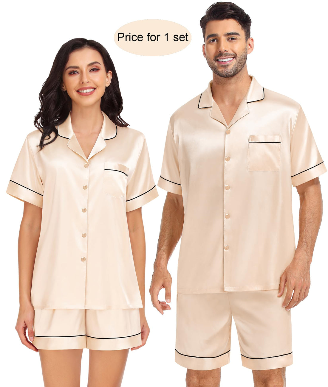 SWOMOG Couples Matching Pajamas Set Satin Short Sleeve Button Down Tops Silk Shorts Pj Lounge Set Soft Sleepwear