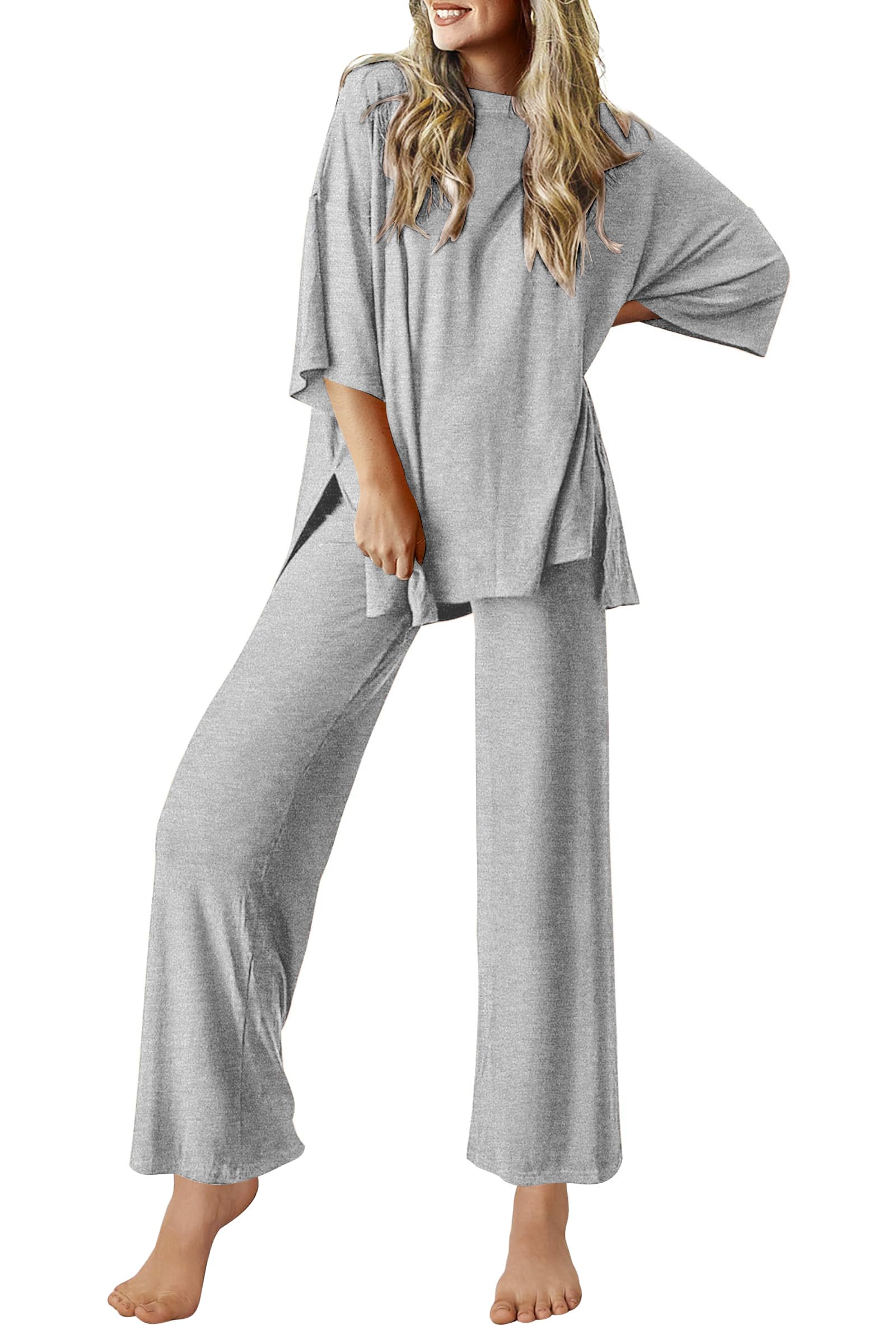 Ekouaer Lounge Sets for Women Short Sleeve Tops and Long Pants Soft Comfy Pajamas Set 2 Piece Outfits