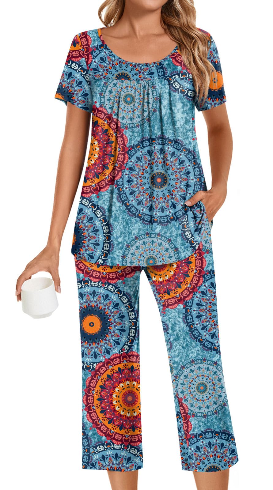 POPYOUNG Womens Pajama Sets Summer Ladies Pjs 2 Piece Loungewear Capri with Pockets Sleepwear
