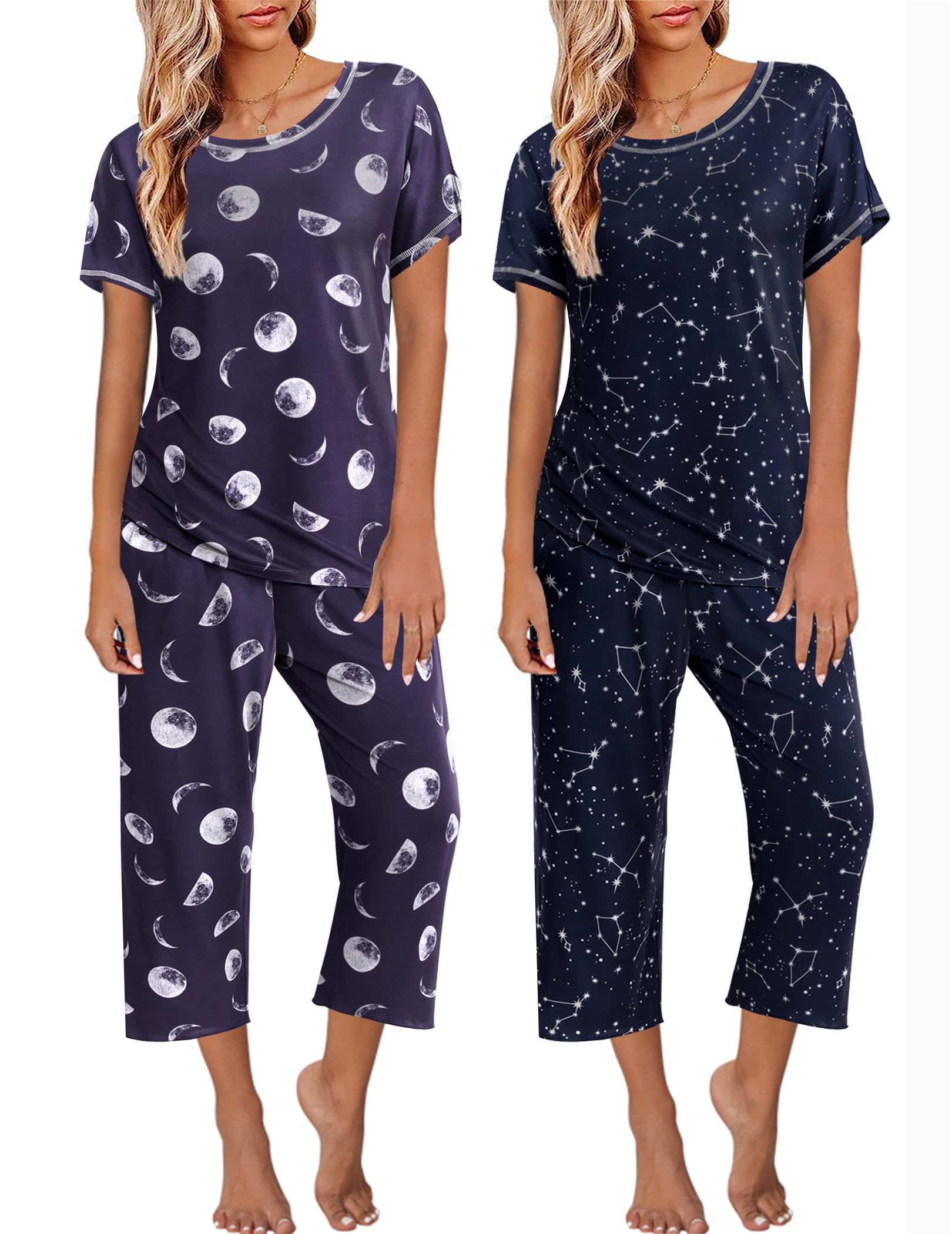 Ekouaer 2 Pack Womens Pajamas Sets Short Sleeve Tops and Capri Pants Pjs Colorful Printed Sleepwear Sets