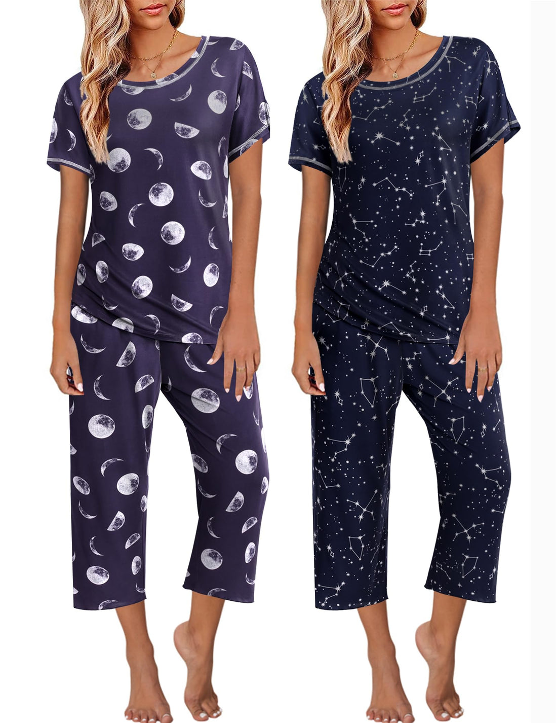 Ekouaer 2 Pack Womens Pajamas Sets Short Sleeve Tops and Capri Pants Pjs Colorful Printed Sleepwear Sets