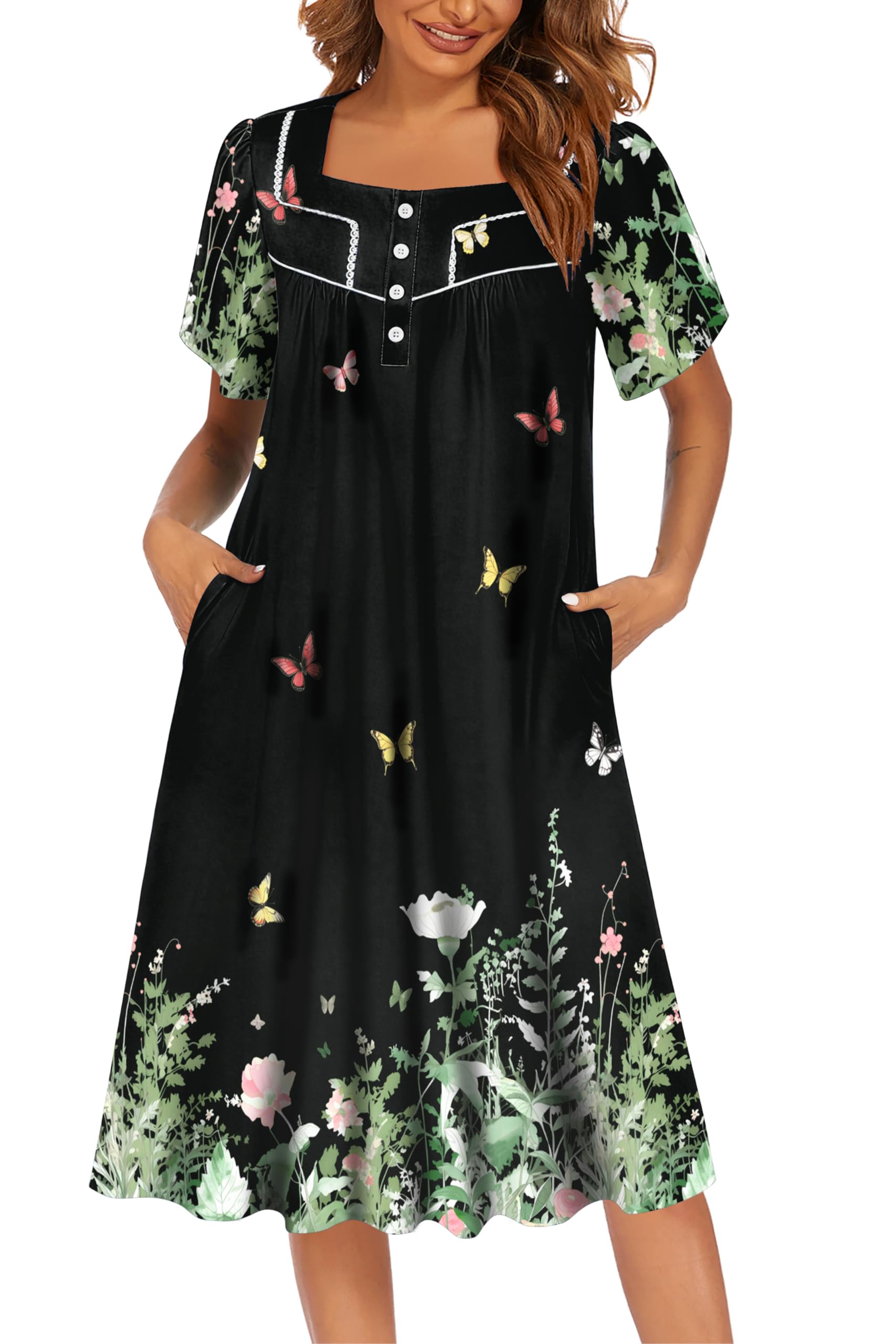 Ekouaer Women's House Dress with Pockets Moomoo Dresses Short Sleeve Mumu Nightgown Lounge Dress Button Down Sleepwear WEBE CLOTHING