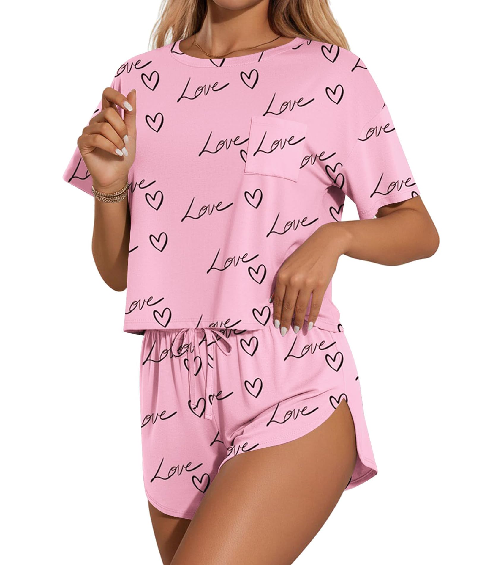 Women's 2 Piece Pajama Set Short Sleeve Sexy Side Split Short Lounge Set Cute Comfy Sleepwear Loungewear
