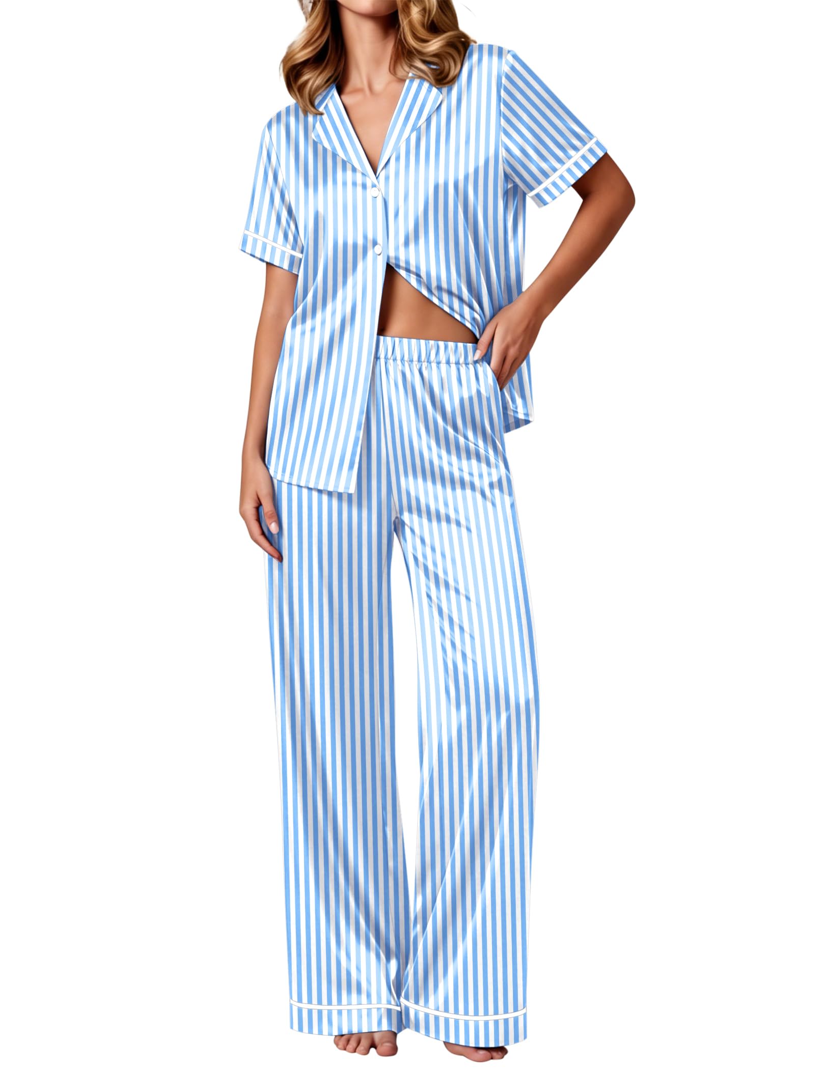 Ekouaer Women's Silk Pajamas Set Short Sleeve Satin Pjs 2 Piece Soft Loungewear with Pants Button Down Sleepwear