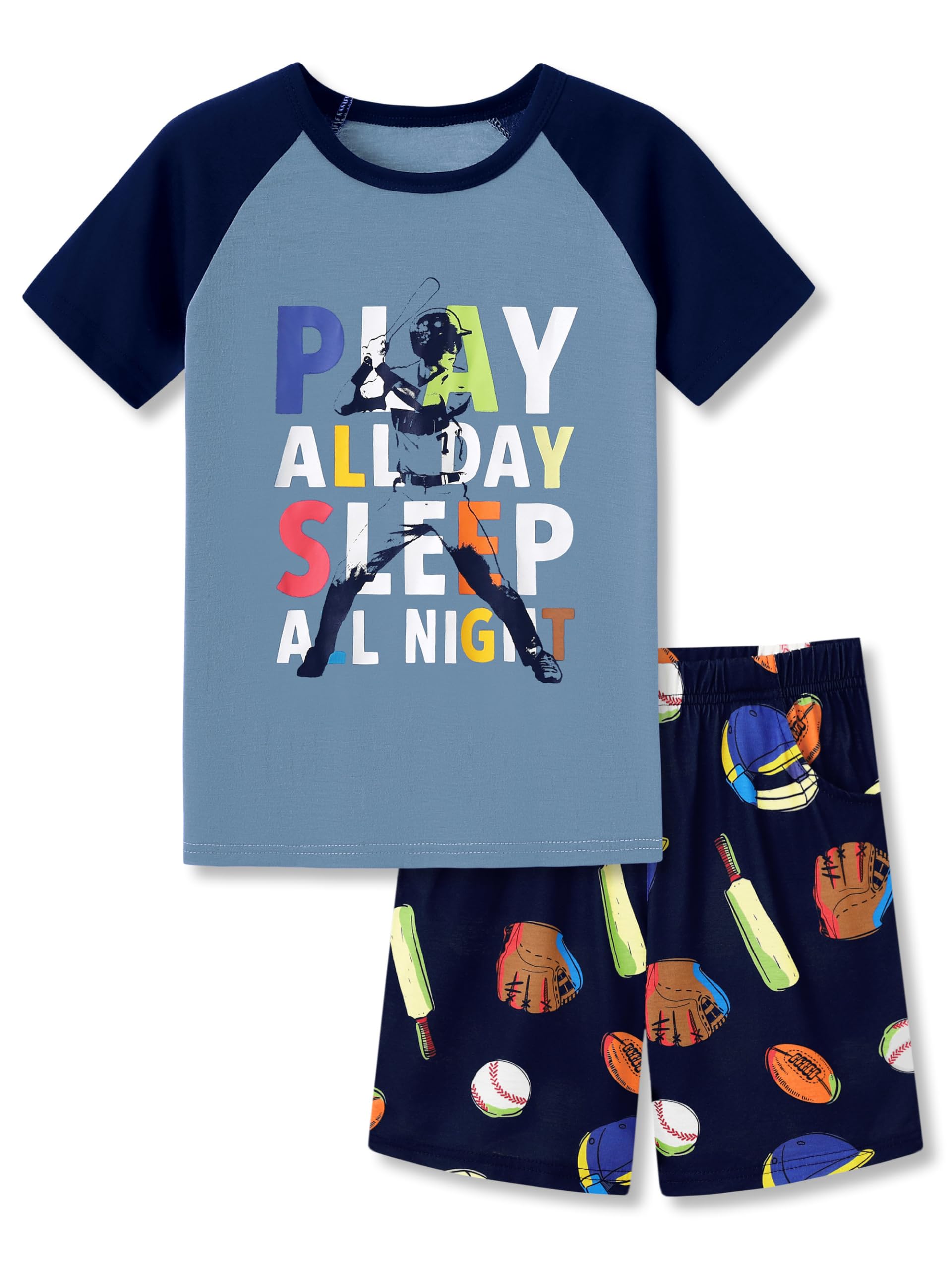 Tebbis Pajamas For Boys Fun Baseball Navy Blue Short Sleeves 2-Piece PJs Set Kid Comfy Sleepwear Size 6-18