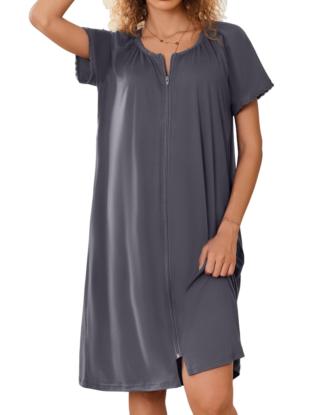 Ekouaer Zipper Robes for Women Short Sleeves Knit Bathrobes Knee Length Soft Lace Trim Loungewear with Pockets S-3XL WEBE CLOTHING