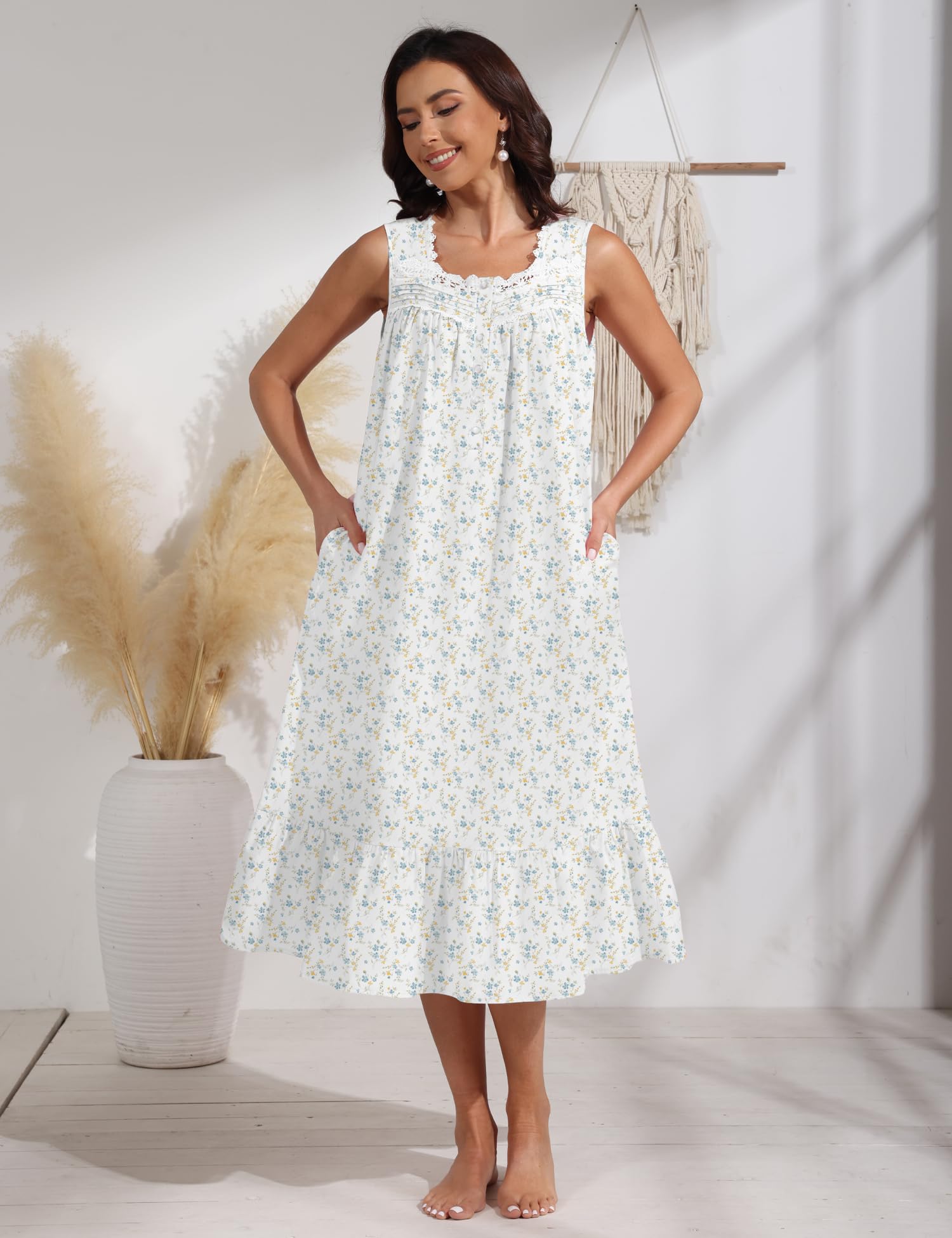 100% Cotton Floral Pearl Snap Nightgown for Women Sleeveless Victorian Sleep Dress Cotton Nightgowns with Pockets WEBE CLOTHING