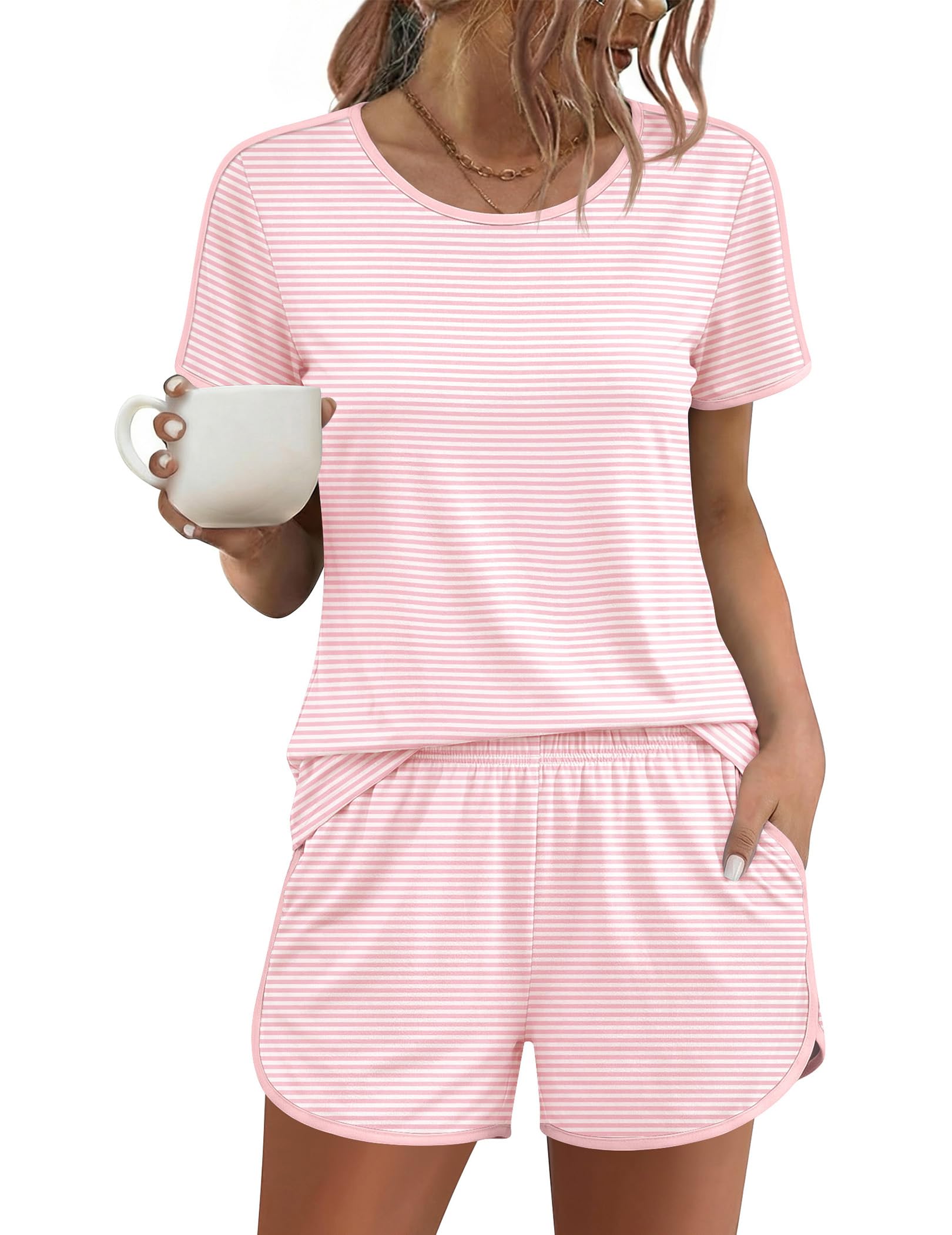 Ekouaer Womens Pajama Sets Short Sleeve Sleepwear Soft Pjs Sets Round Neck Summer 2 Piece Lounge Set with Pockets S-XXL