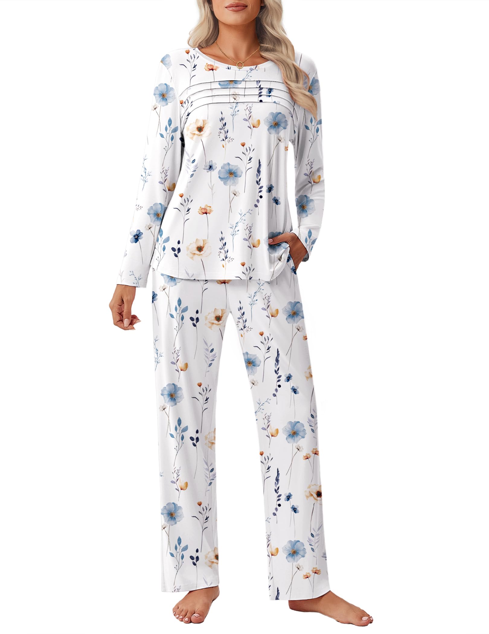 Ekouaer Womens Pajama Sets Pleated Tops with Long Pants Lounge Set Long Sleeve Fall Sleepwear Ladies Pjs S-XXL
