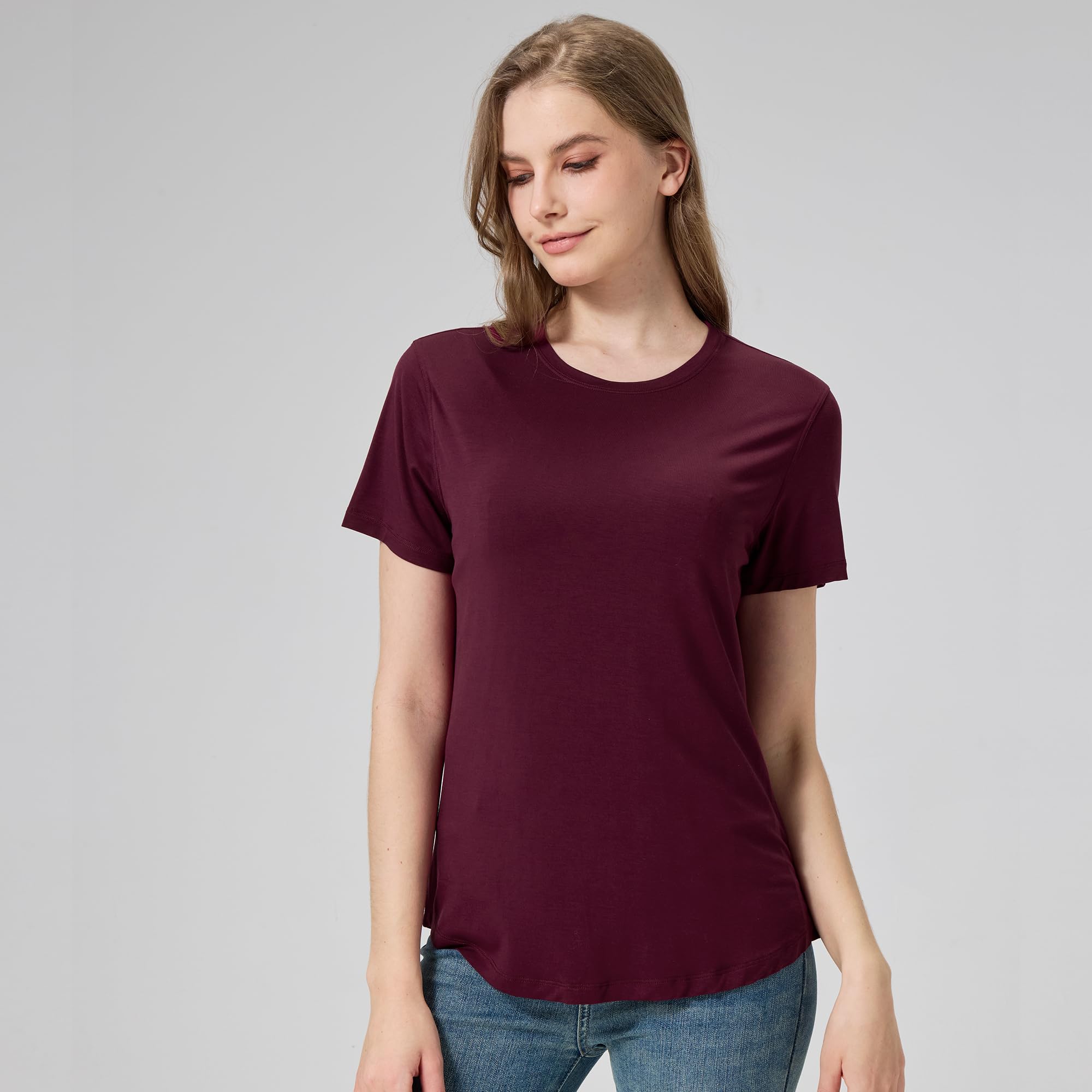 netdraw Women's Soft Bamboo Viscose T-Shirt, Curved Hem Crew Neck Short Sleeve Moisture Wicking Casual Sleep Pajama Tops