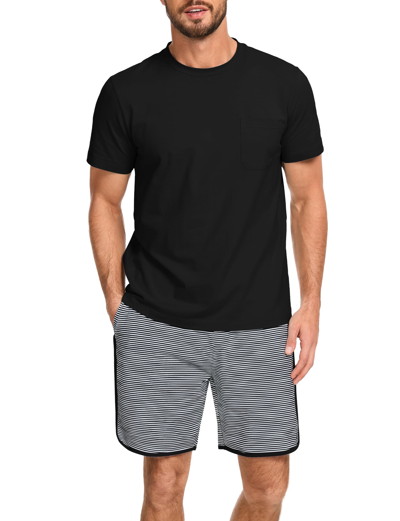 Mens Cotton Pajamas Set Stripe 2 Piece Lounge Set Pjs Summer Short Sleeve and Shorts Comfy Loungewear with Pockets WEBE CLOTHING