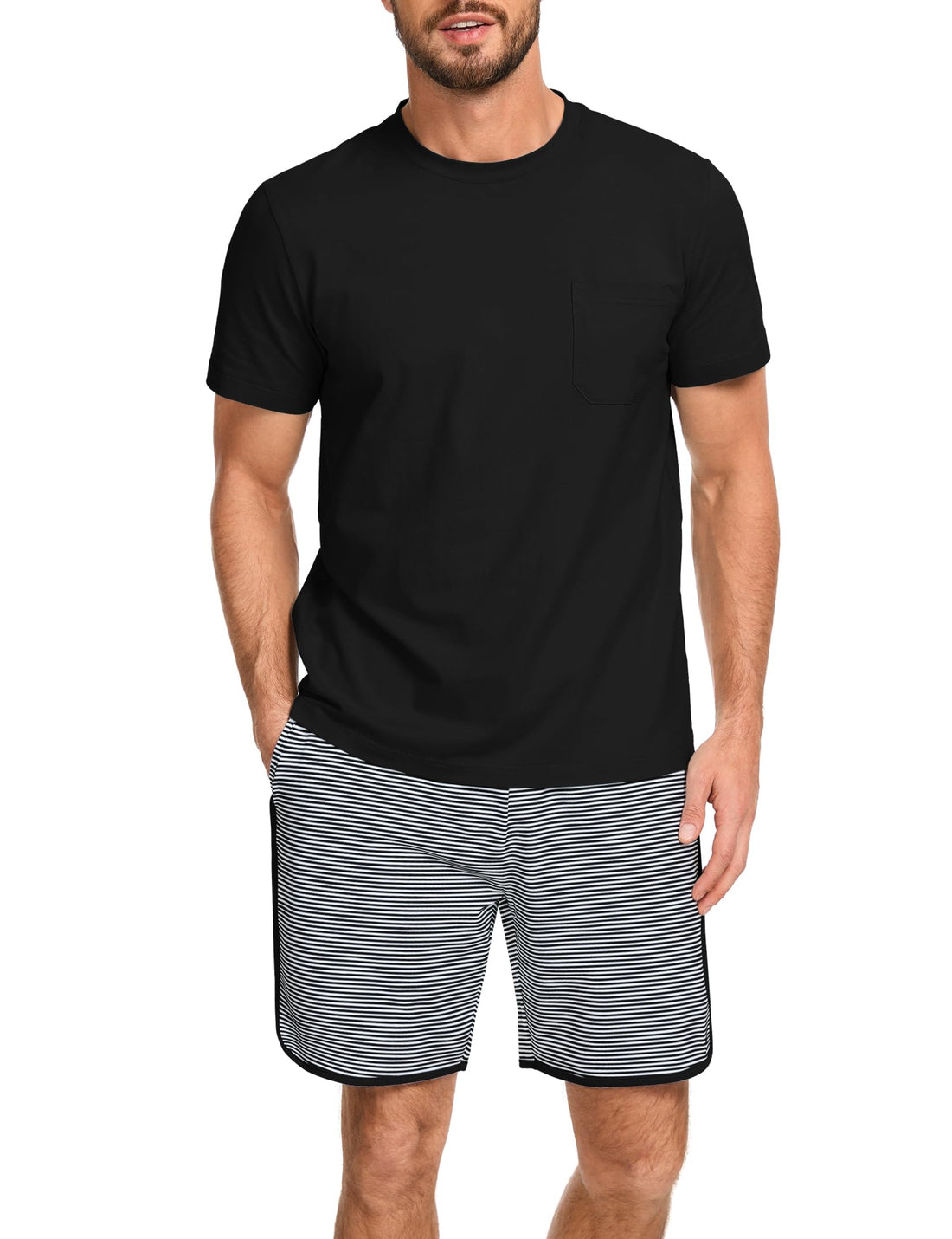 Mens Cotton Pajamas Set Stripe 2 Piece Lounge Set Pjs Summer Short Sleeve and Shorts Comfy Loungewear with Pockets WEBE CLOTHING
