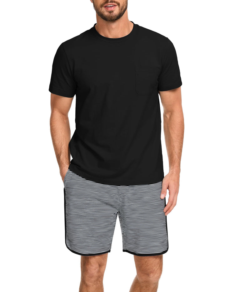 Mens Cotton Pajamas Set Stripe 2 Piece Lounge Set Pjs Summer Short Sleeve and Shorts Comfy Loungewear with Pockets WEBE CLOTHING