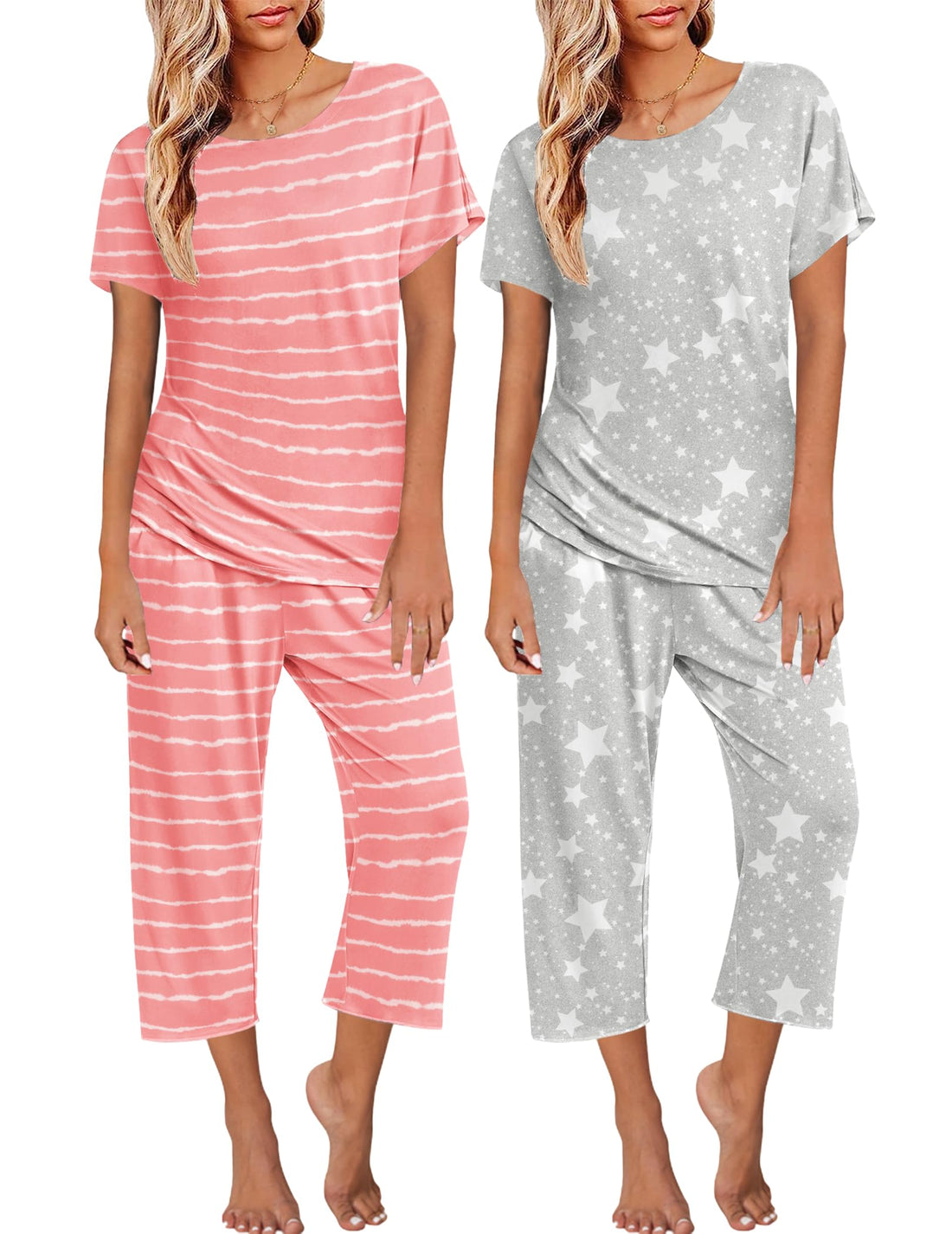 Ekouaer 2 Pack Womens Pajamas Sets Short Sleeve Tops and Capri Pants Pjs Colorful Printed Sleepwear Sets