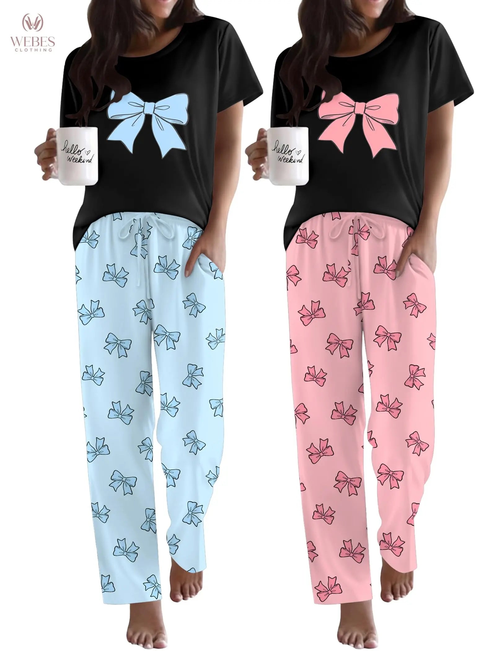 Ekouaer 2 Pack Pajamas for Women Set Short Sleeve Pj Top and Printed Pants | Soft PJs Cozy Printed Lounge Sets Comfy Sleepwear with Pockets WEBE CLOTHING