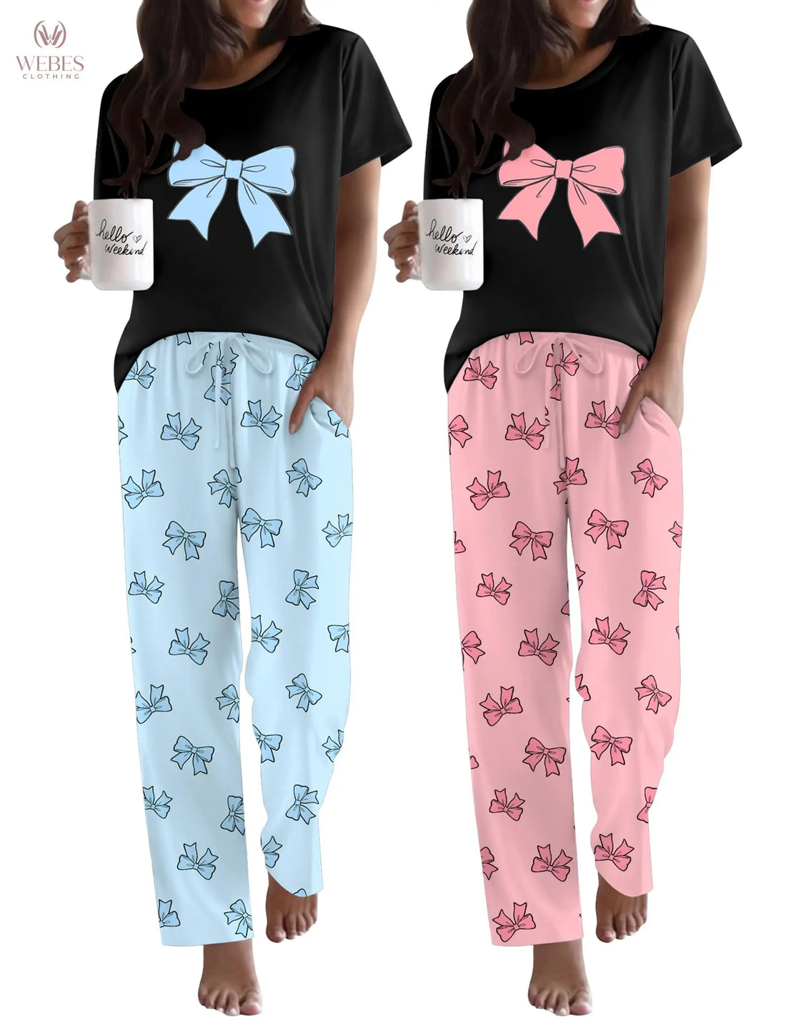 Ekouaer 2 Pack Pajamas for Women Set Short Sleeve Pj Top and Printed Pants | Soft PJs Cozy Printed Lounge Sets Comfy Sleepwear with Pockets WEBE CLOTHING