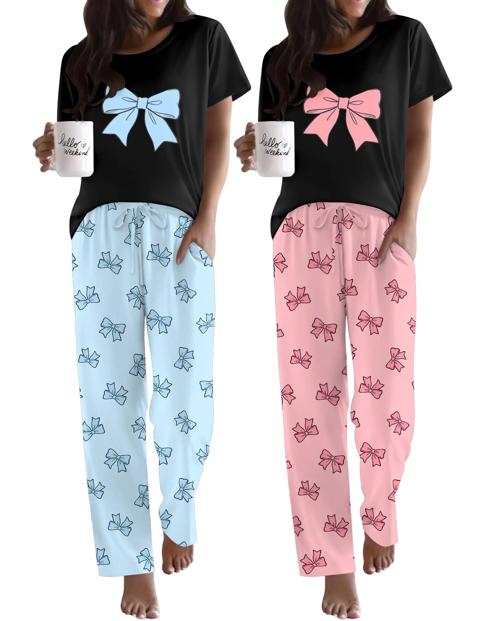 Ekouaer 2 Pack Pajamas for Women Set Short Sleeve Pj Top and Printed Pants | Soft PJs Cozy Printed Lounge Sets Comfy Sleepwear with Pockets WEBE CLOTHING