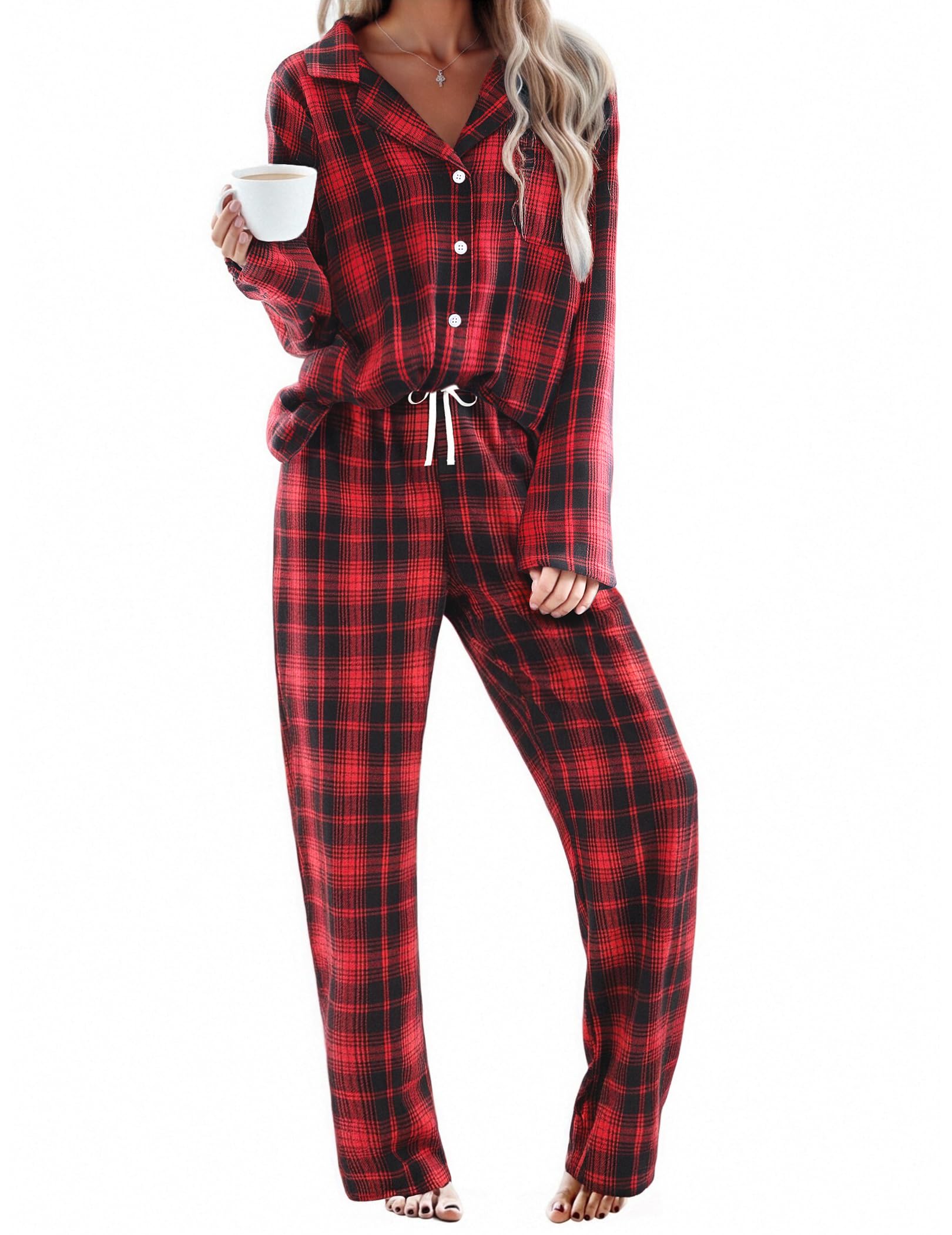 Ekouaer Womens Pajama Sets 2 Piece Cotton Plaid Pjs Long Sleeve Sleepwear Button Down Lounge Set with Pockets