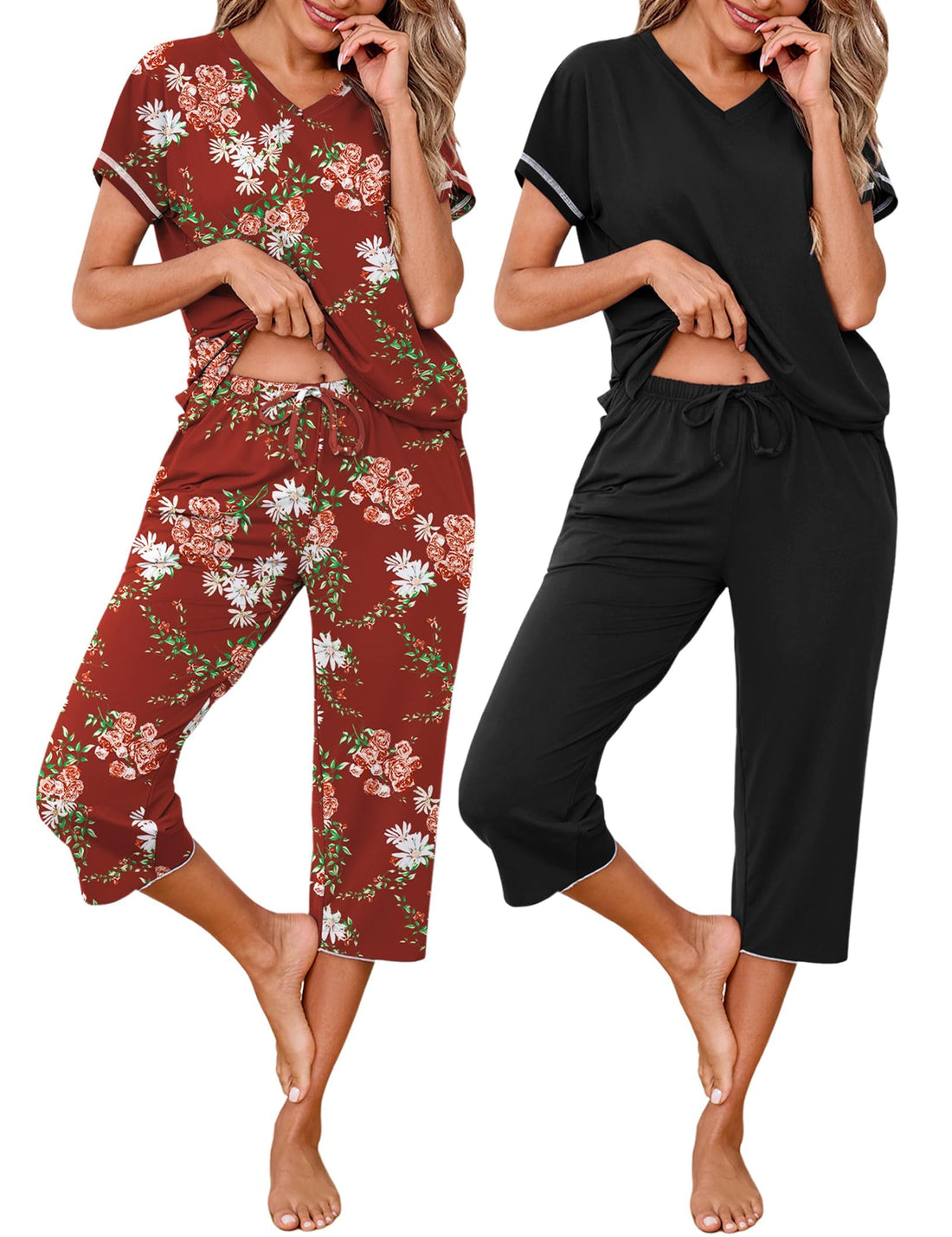 Marvmys Womens 2 Pack Pajama Sets Short Sleeve Sleepwear Capri Pants Pjs | Pockets, Lightweight, Cooling Pyjamas, Nightwear Comfy for Daily Wear, Pajams sets, Sleep, Travel, Wife, Mom WEBE CLOTHING
