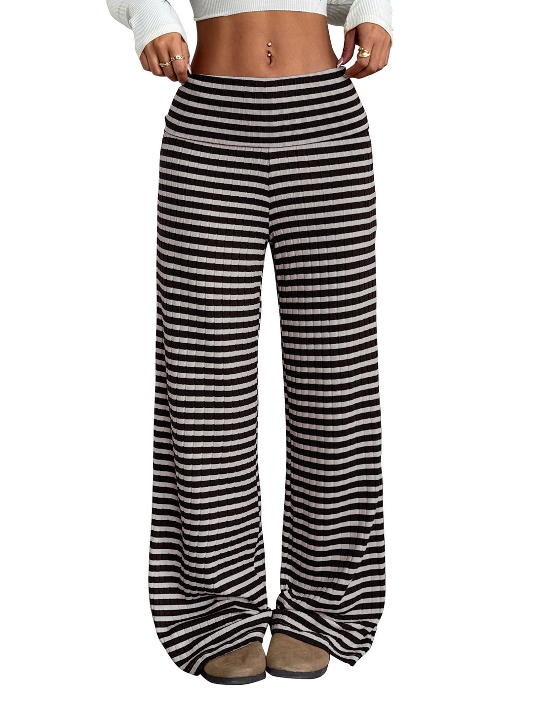 ZAFUL Women's Striped Pants Casual Fold Waist Wide Leg Pants Lightweight Comfy Stretchy Loose Lounge Pajama Pants