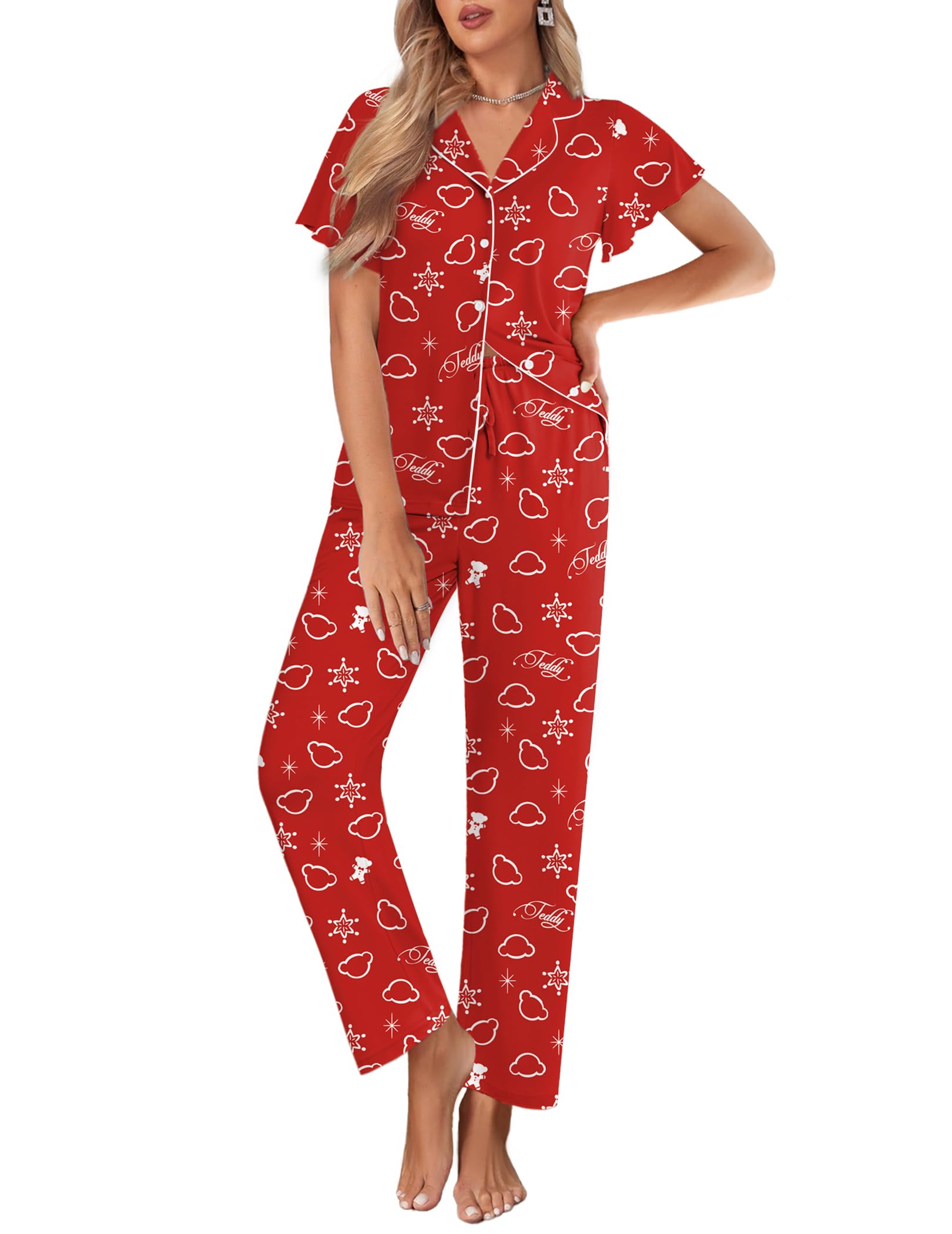Ekouaer Pajamas for Women Set Button Up Sleepwear Cute Pjs Ruffle Sleeve Notch Collar Loungewear with Long Pants S-XXL