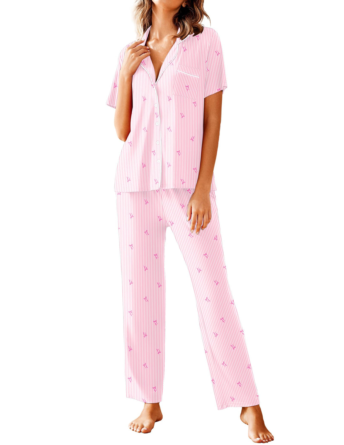 Avidlove Women Pajamas Set Notch Collar Soft Sleepwear Pjs Short Sleeve Button Down Nightwear with Long Pants WEBE CLOTHING