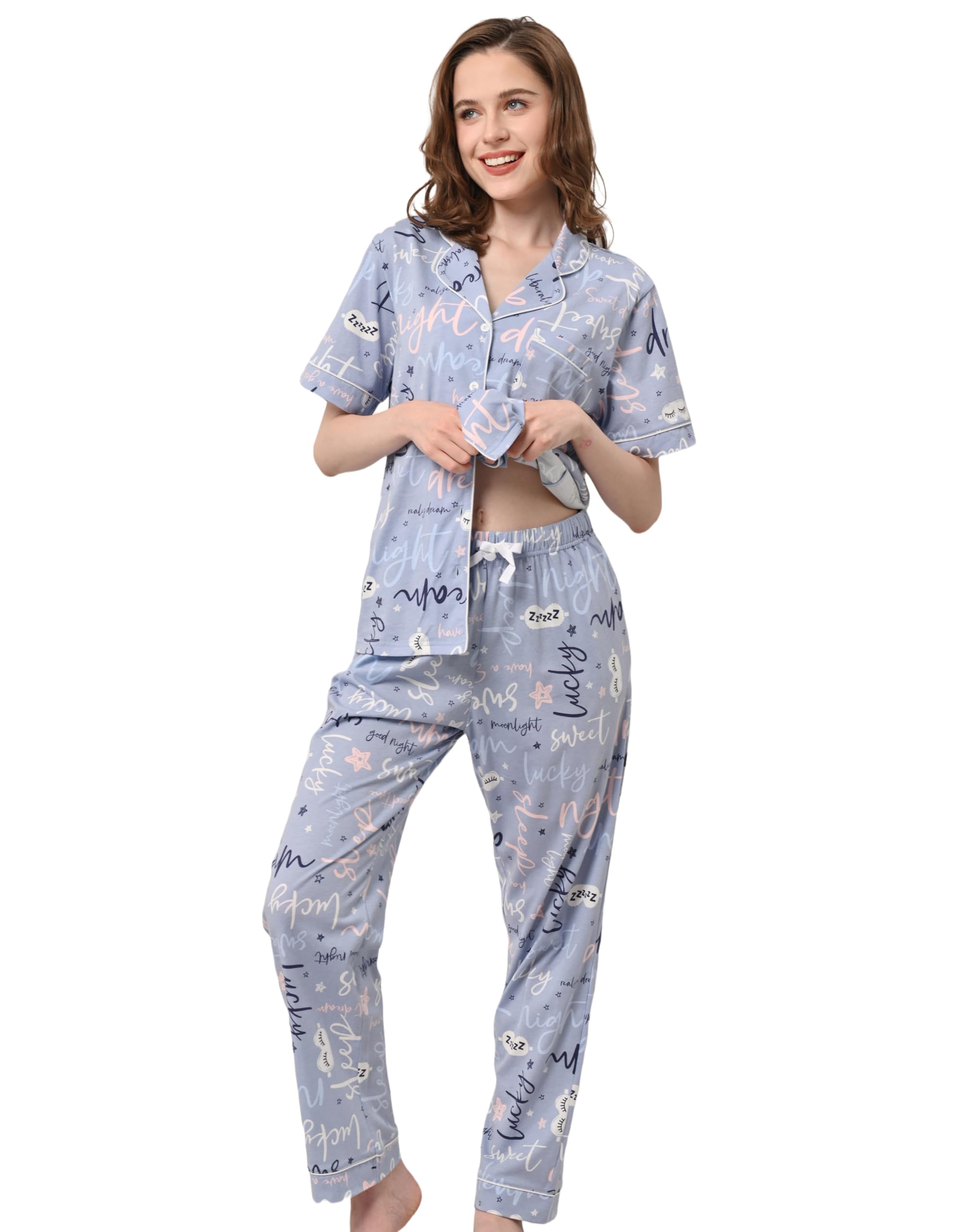 NAP BOUND 100% Cotton Pajamas for Women Sets 2 Pieces Pjs Button short sleeves with Pockets Soft Sleepwear Loungewear XS-XXL