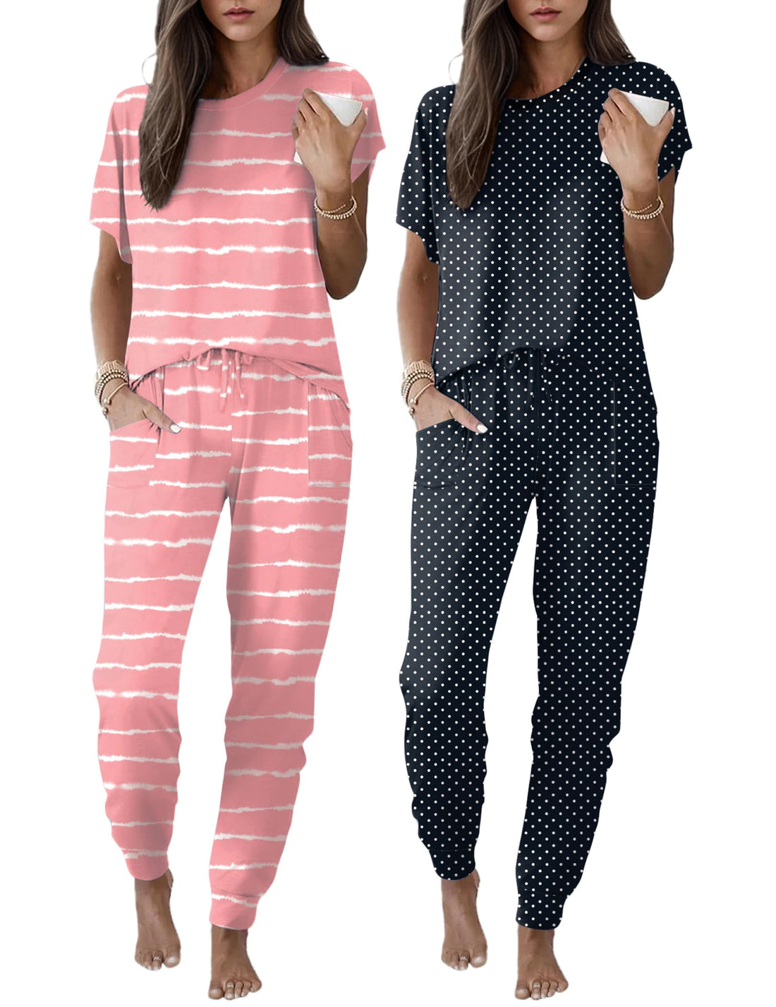 Ekouaer 2 pack Pajama Sets for Womens Jogger Pants Pjs Short Sleeves Lounge Set Soft Sleepwear with Pockets